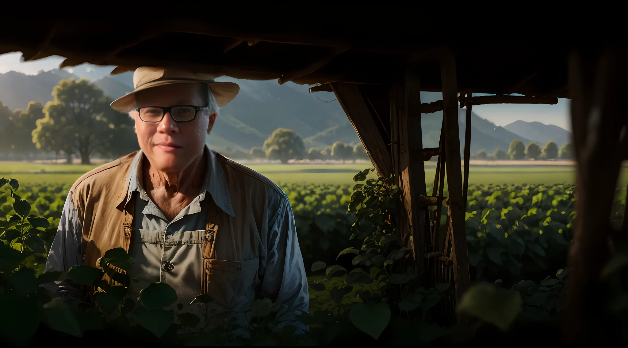 "((1.2: 'Character Introduction Diagram'), ('Renaissance' period) Smiling farmer in the field,The picture is beautiful in high definition。) A old man",Cap lens,High Picture Quality。 --auto