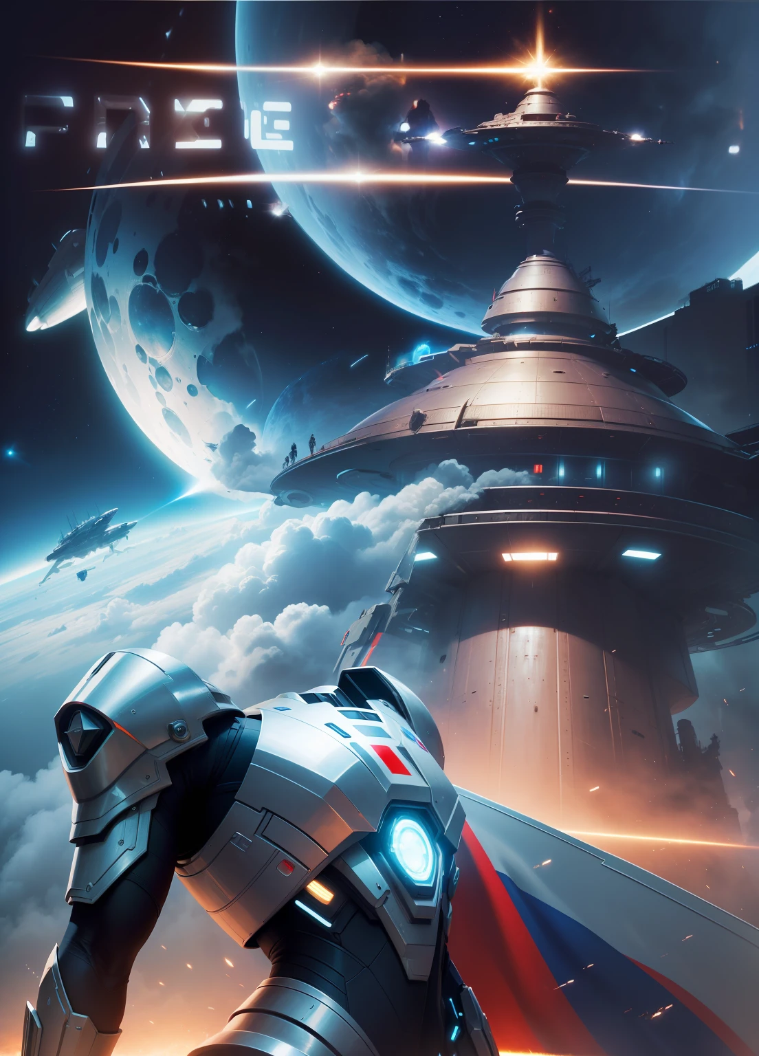 (masterpiece) in the background (A spaceship with a sharp gobin), on a person's shoulder (Russian flag), (hight resolution), (dinamic angle), (Strong lighting), (haze), (higly detailed), (Metallic luster), (visual effect), (futuristic), (cosmic), (fighting)
