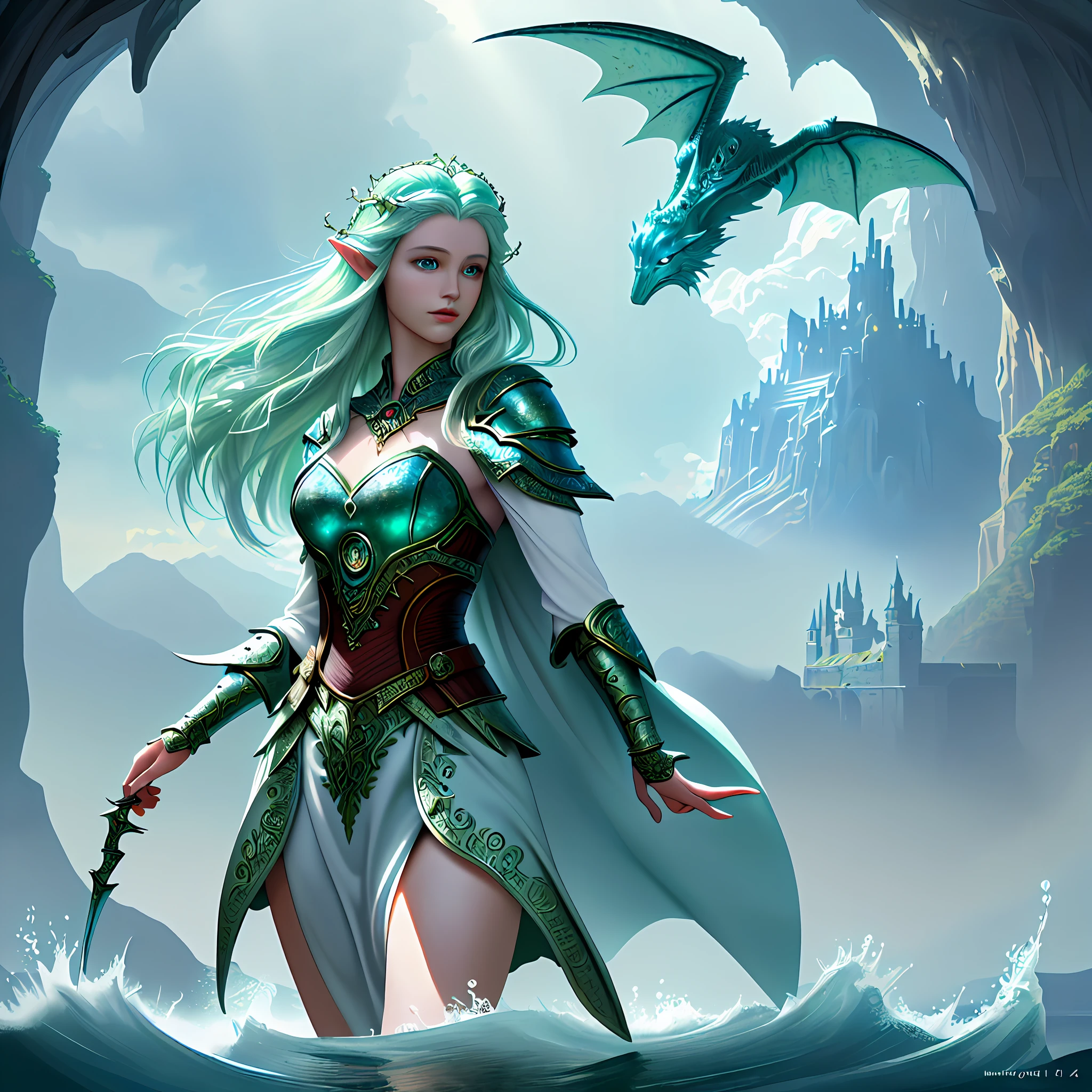 fantasy art, dnd art, (masterpiece:1.5), full body best details, highly detailed, best quality, highres, portrait of a female, elf (1.6, fantasy art, Masterpiece, best quality), ultra feminine, druid, cleric of sea, (1.4 intricate details, fantasy art, Masterpiece, best quality) with a long curvy hair, light green hair, blue eyes, (fantasy art, Masterpiece, best quality), ((beautiful delicate face)), Ultra Detailed Face (1.6 intricate details, fantasy art, Masterpiece, best quality), armed with a knife, blue cloak, flowing cloak (1.4 intricate details, fantasy art, Masterpiece, best quality), wearing scale armor (1.4 intricate details, fantasy art, Masterpiece, best quality), in sea setting background, fantasy sea, at day light, natural sea life elements, dawn light, sun rays, clouds, dynamic atmosphere, soft light, dynamic light, [[anatomically correct]], high details, best quality, 8k, [ultra detailed], masterpiece, best quality, (extremely detailed), dynamic angle