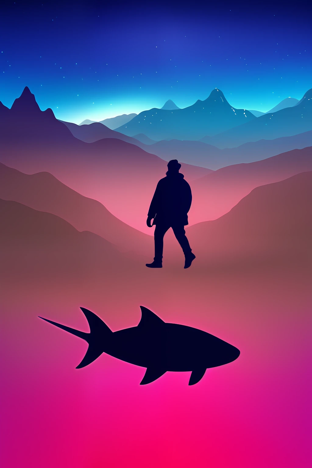 Pink bison walking across a foggy field, against the background of a cosmic nebula, surrounded by ghostly tiger sharks