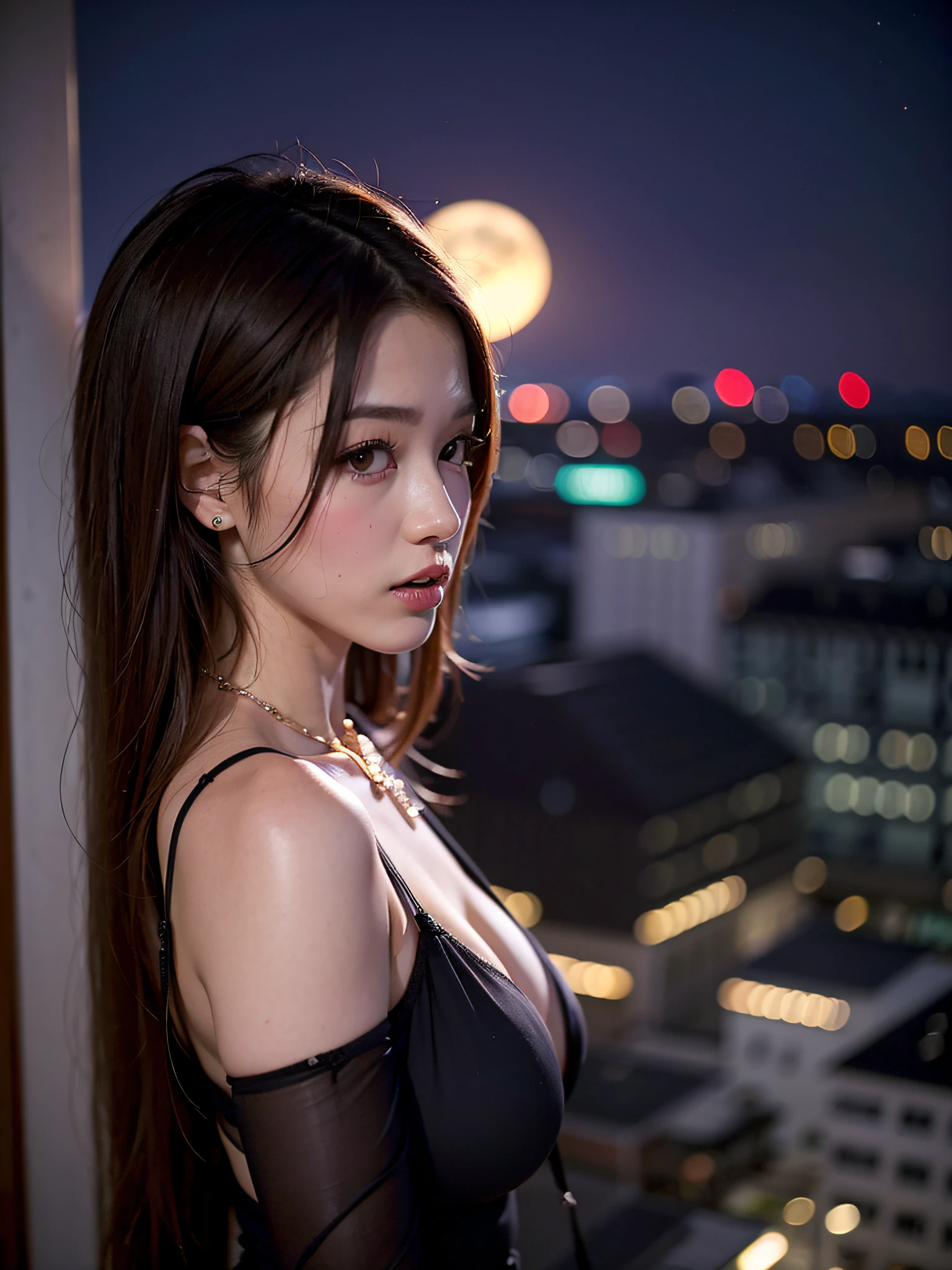 (8k、RAW Photos、top-quality、masterpiece:1.2)、(realisitic、Photorealsitic:1.37)、女の子1人、japanes、25-years old、femele、deep in the night、Moon Night、The rooftop of a building overlooking the town、Night sky with the moon shining、photon maping、Radio City、Dark brown hair、(full bodyesbian)、详细的脸、Detailed lips、detailedeyes、More skin、二重まぶた、(huge-breasted:1.5)、(nipple protrusions:1.3)、(big areolae)、(see-through dresses、Dress with wide open chest)、no-bra、Panties、a necklace、high-heels、(The shape of the pubic area is clearly visible)、perfectbody、shinny skin、sexypose、sexy facial expression、Make eye contact with the camera