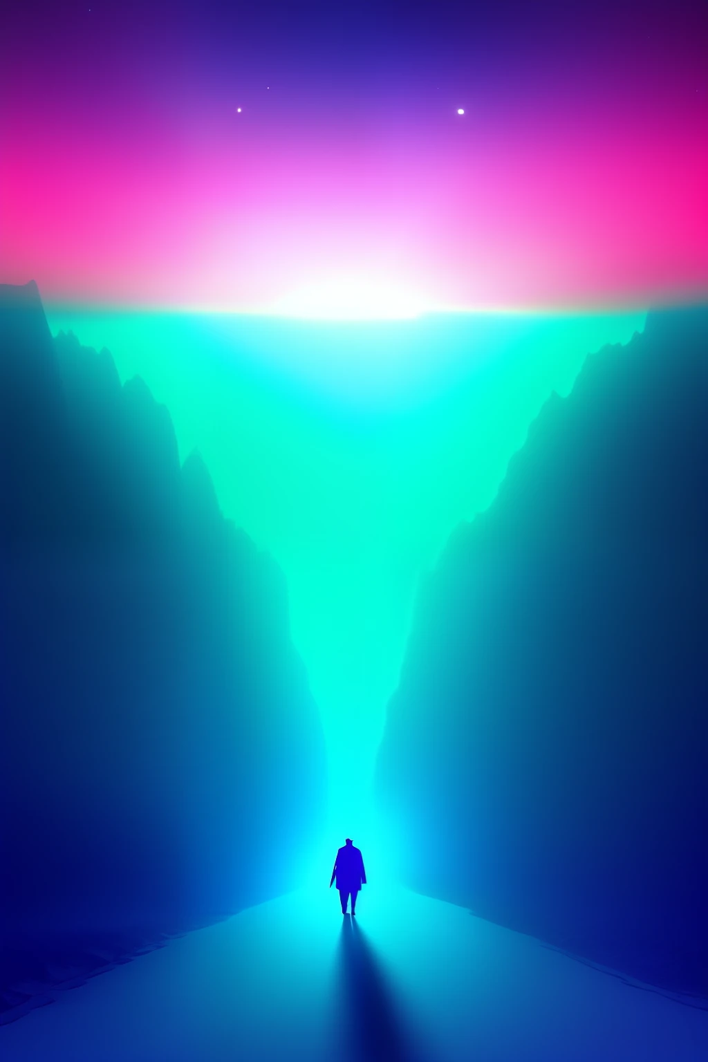 Pink bison walking across a foggy field, against the background of a cosmic nebula, surrounded by ghostly tiger sharks