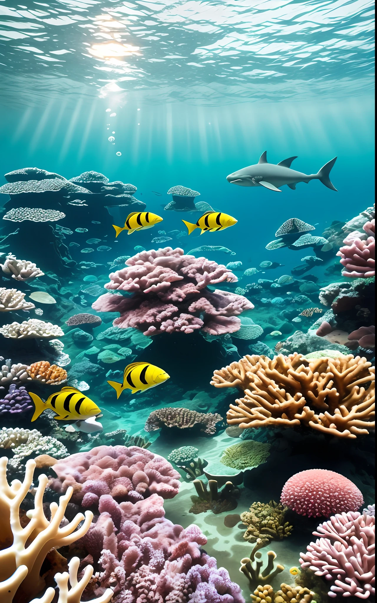 The moon as seen from the bottom of the sea， the night， Eau， nightlight， Fish shadow，ocean floor，Marine life，Beautiful coral reef，Corals of all colors and shapes，Colorful fish，fish flocks，Marine fish，the shark，Dive into the depths of the azure sea，
Explore the mysterious underwater world like a dream。
Over here，Colored reefs rise，
Dancing schools of brilliant fish。

The coral reef is spread out in a colorful way，
Like an incomparable palace。
Seaweed snuggles in it，
Sway gently，Like a dancer。

The treasures of the world lie silently，
The shells shimmer with a fantastic light。
Jellyfish are like brilliant works of art，
Soft and flowing，Charming and serene。

Sea turtles move slowly through the city，
Faithfully guarding the secrets of the ocean。
Whales sing in the distance，
The tune echoes，Gentle and majestic。

The universe of the oceans stretches boundlessly，
Even in the depths of darkness。
But under the starlight casting，
Everything is clearly visible，True and pure。

Let's dive into the embrace of the ocean，
Immerse yourself in the magical underwater world。
Feel the endless tranquility，
Together with nature，The mind flies。