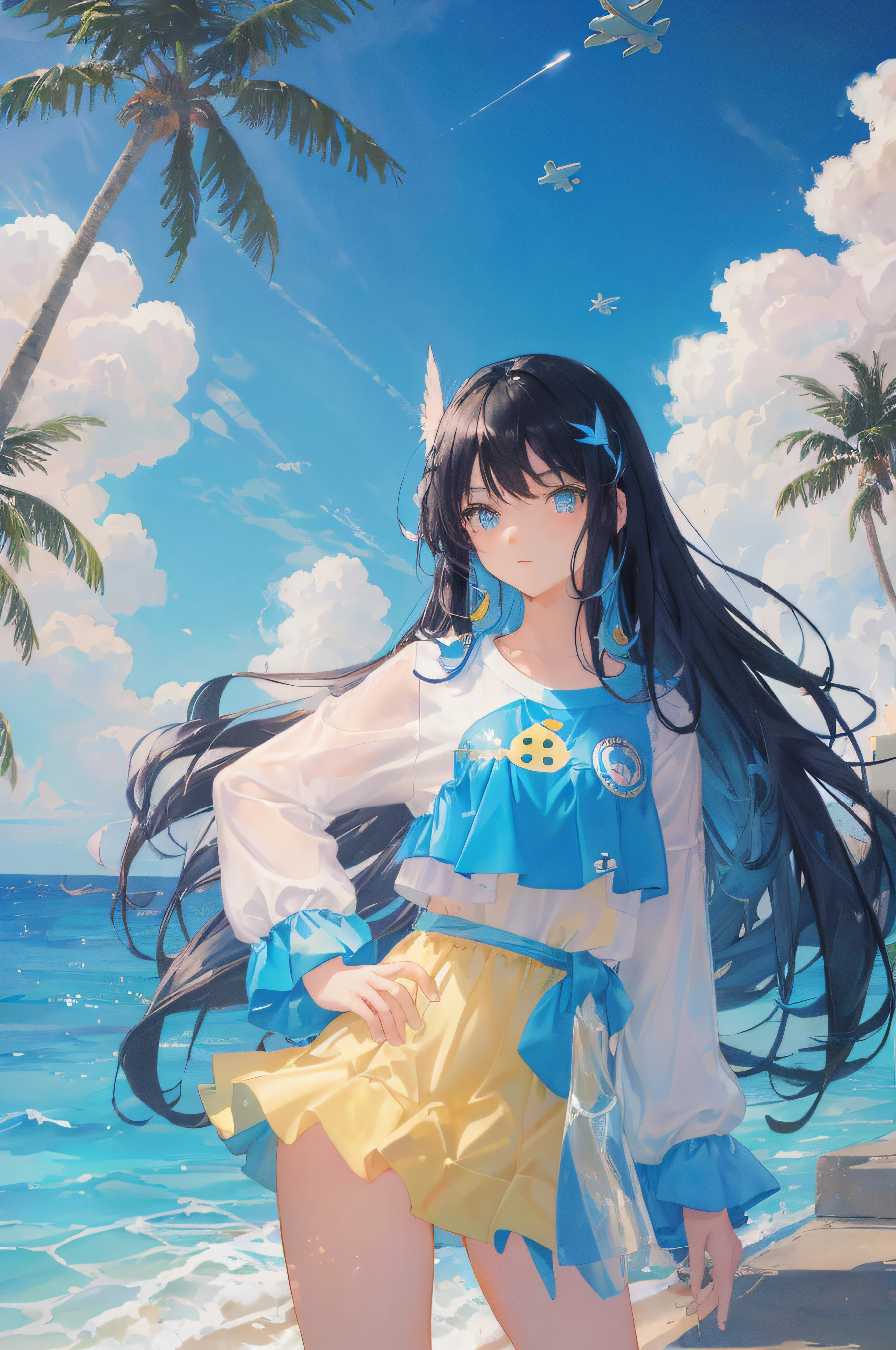 art by Cornflower, dreamy, (A beautiful, teenaged, anime-style girl with blue eyes and long, black hair, wearing a pale yellow, shiny, long-sleeved, open-chest, long skirt swimming suit with a pink, white, and yellow, heart on it is posing with her hands on her hips, in front of a beach and a bright, blue sky with clouds in it, there are palm trees in the background on both sides of the picture, and there are lots of blue and yellow fish swimming in the ocean, and there is a police helicopter with lights on it flying over the girl)