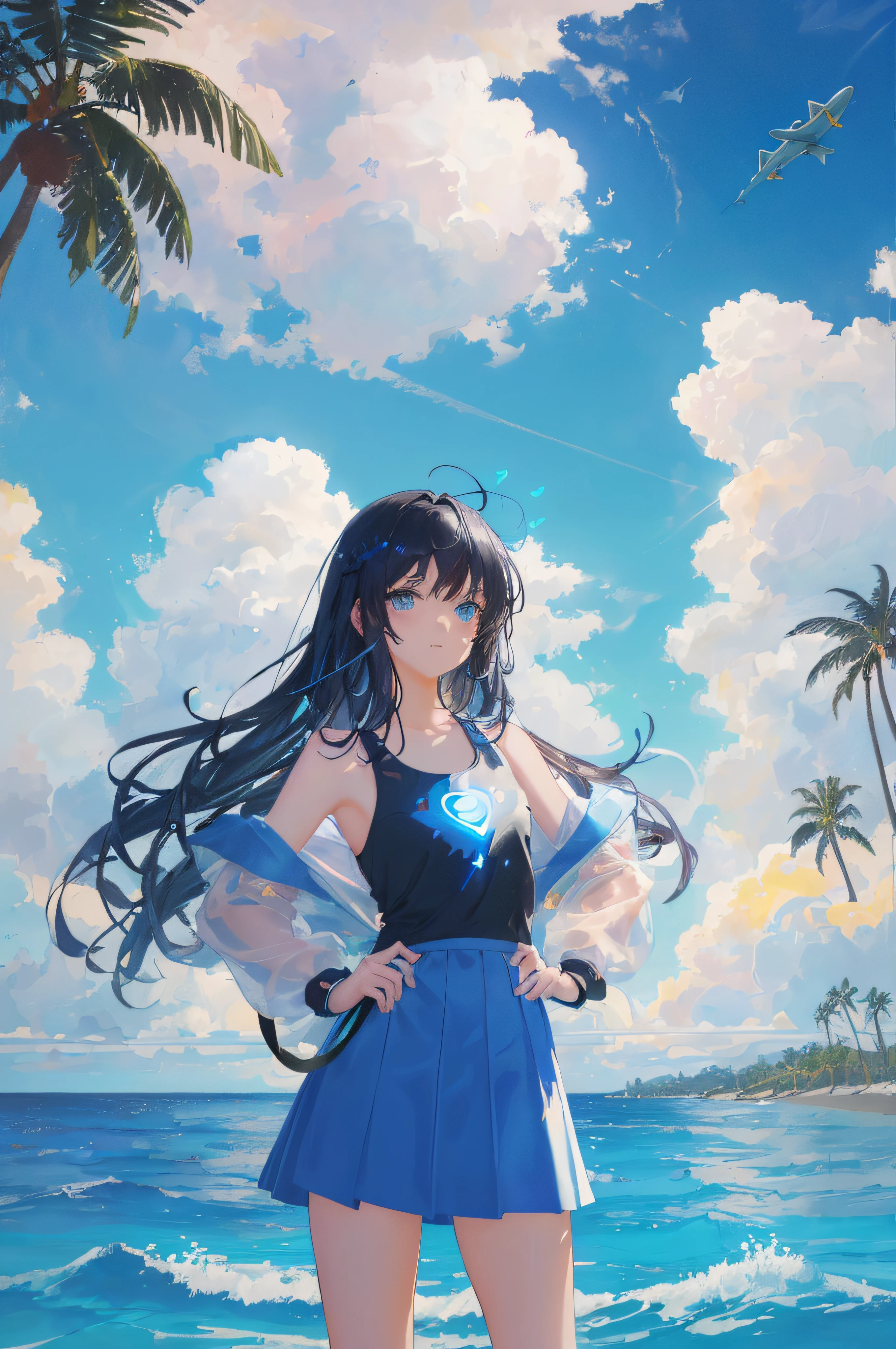 art by Cornflower, dreamy, (A beautiful, teenaged, anime-style girl with blue eyes and long, black hair, wearing a pale yellow, shiny, long-sleeved, open-chest, long skirt swimming suit with a pink, white, and yellow, heart on it is posing with her hands on her hips, in front of a beach and a bright, blue sky with clouds in it, there are palm trees in the background on both sides of the picture, and there are lots of blue and yellow fish swimming in the ocean, and there is a police helicopter with lights on it flying over the girl)