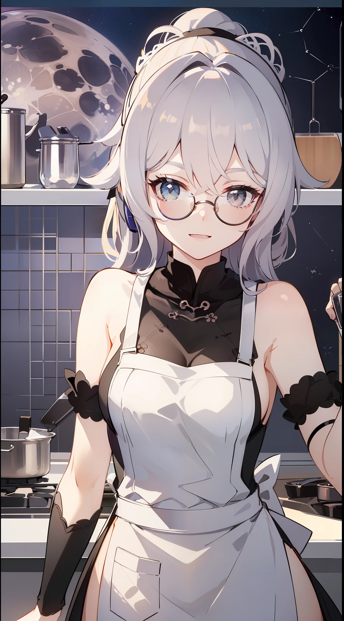 (Futuristic kitchen background:1.5), seductive pose, wink, (Focus on upper body:1.2, until hips), ((Bronya:1.3),(silver hair:1.2),(drill hair:0.9)), 45 degree from viewer, seductive pose, looking at viewer, smiling, open mouth, frameless eyeglasses, full moon on sky, sky full of stars, no clothes, wearing aprons