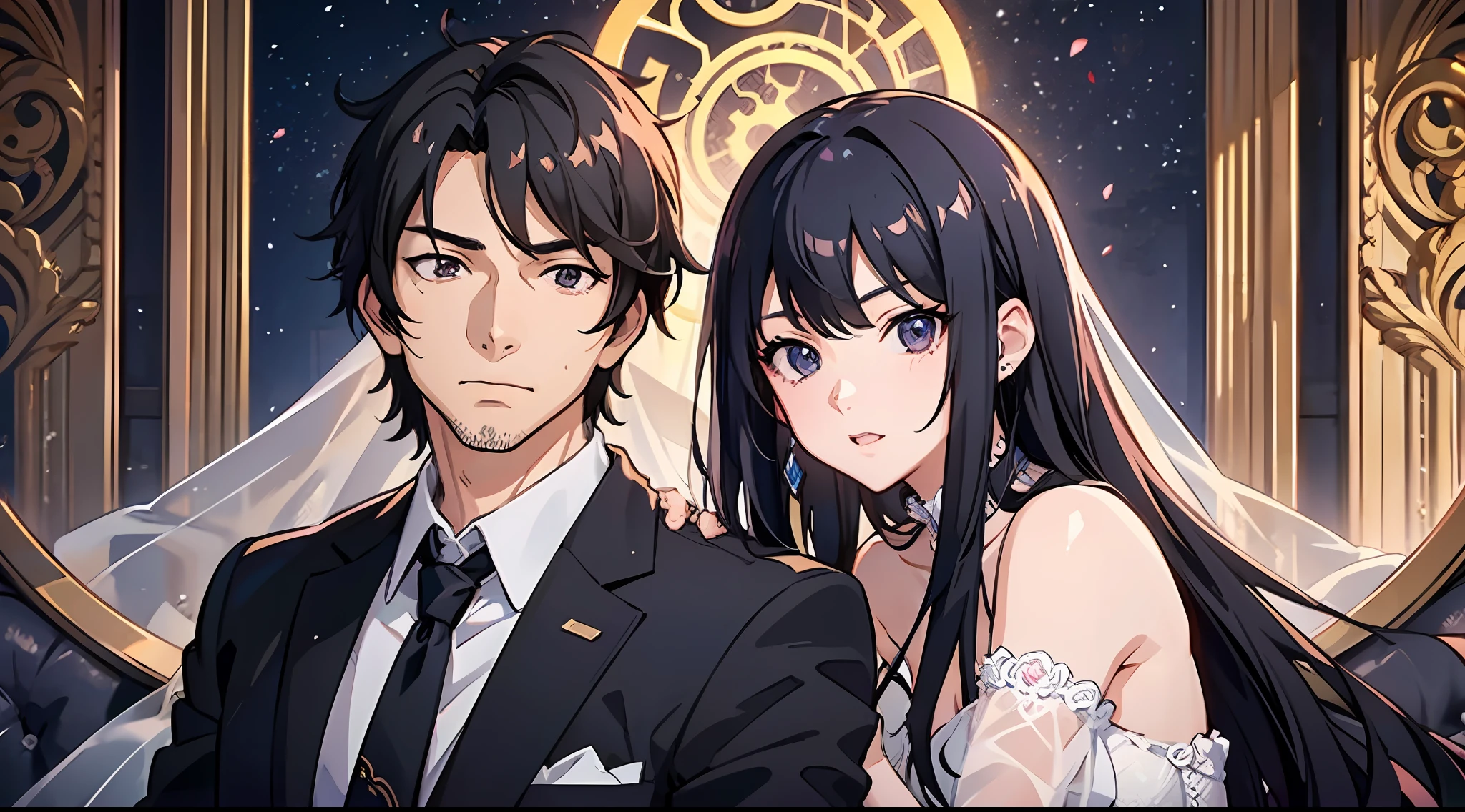 A middle-aged man in a suit and a middle-aged woman with long black hair in a wedding dress，Standing in the villa，Luxurious sofa，Luxurious doors，Luxurious décor，Close-up，male anime character，Clear facial expressions，Detailed digital anime art，High quality anime art style，Smooth anime CG art