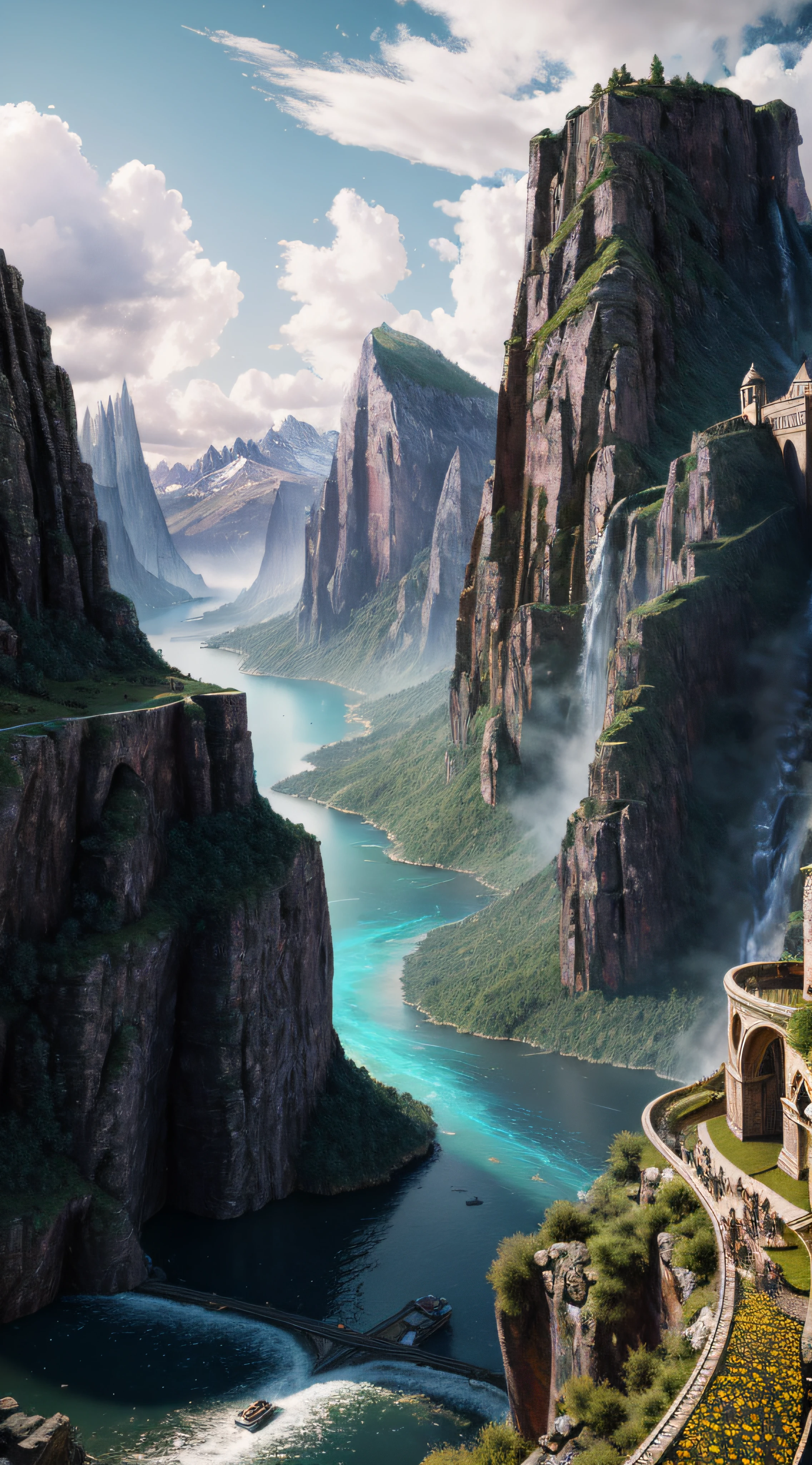 masterpiece, best quality, high quality, extremely detailed CG unity 8k wallpaper, scenery, outdoors, sky, cloud, day, no humans, mountain, landscape, water, tree, blue sky, waterfall, cliff, nature, lake, river, cloudy sky,award winning photography, Bokeh, Depth of Field, HDR, bloom, Chromatic Aberration ,Photorealistic,extremely detailed, trending on artstation, trending on CGsociety, Intricate, High Detail, dramatic, art by midjourney