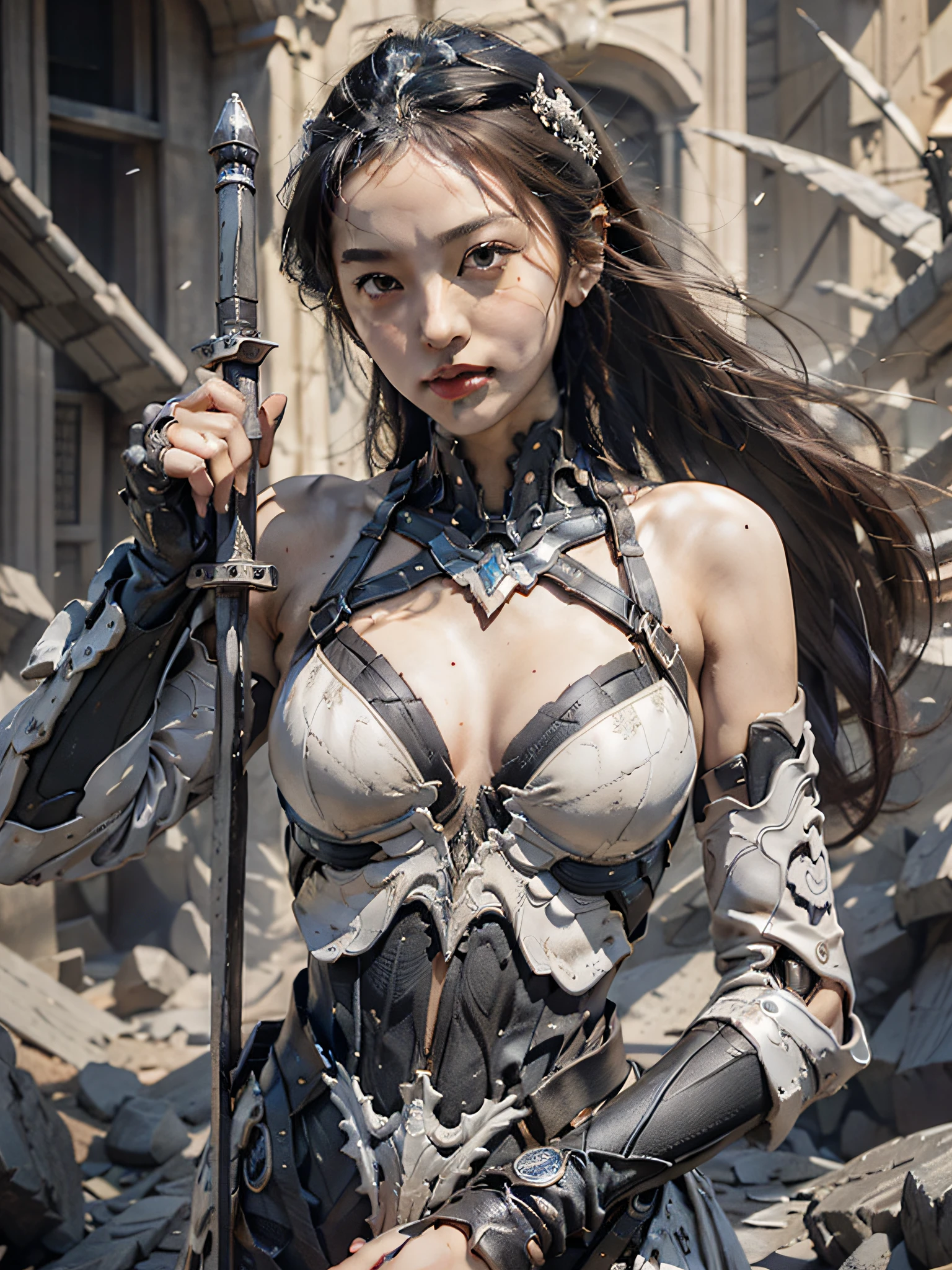 very best quality,tmasterpiece,Super-High Resolution,(真实感:1.4),The sword,Detailed details,1girlhugebreasts,Combat posture,Cleavage,a beauty girl,Hand-held weapons,mechs,A mechanical,ellegance,Clear focus,gentlesoftlighting,vivd colour,tmasterpiece,