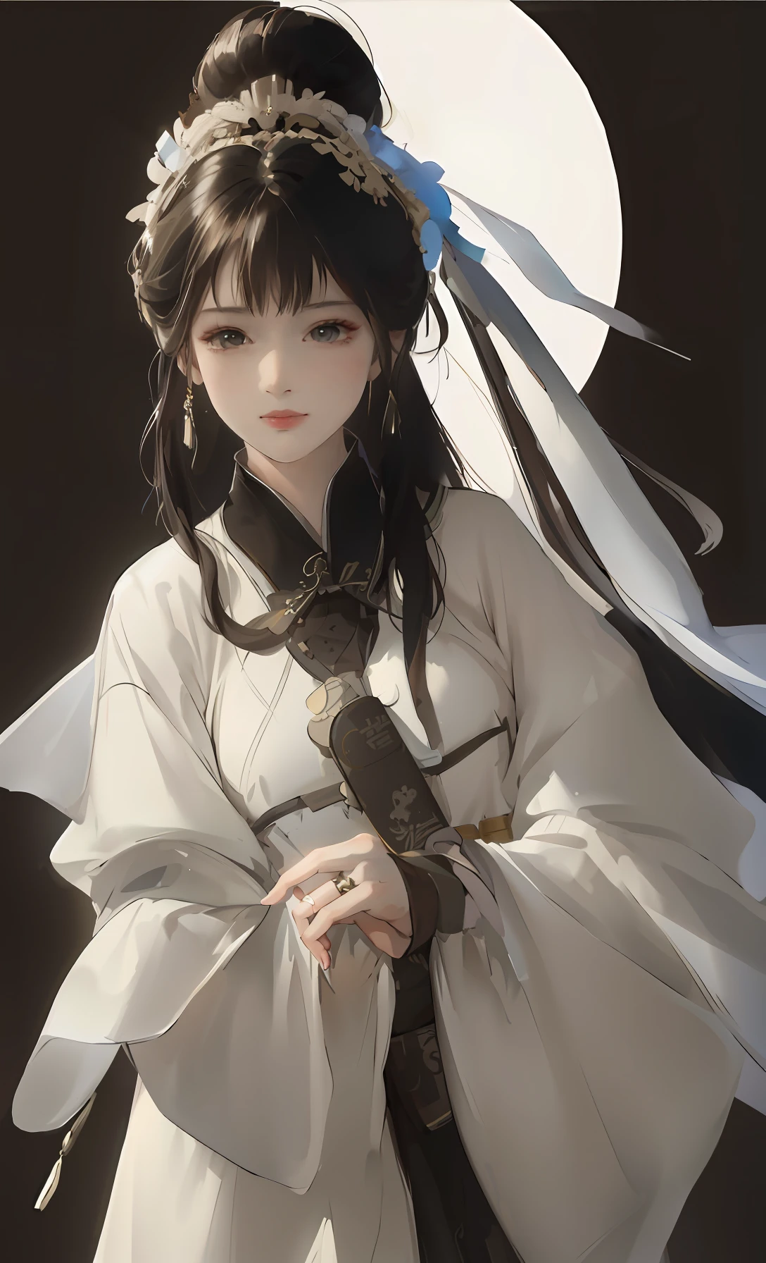 Close-up of a woman in a white dress holding a bird, artwork of a, Palace , A girl in Hanfu, Guviz, White Hanfu, Beautiful character painting, white hime cut hairstyle, Anime figure, female anime character, full-body xianxia, inspired by Leng Mei, up of young anime girl, by Yang J --auto