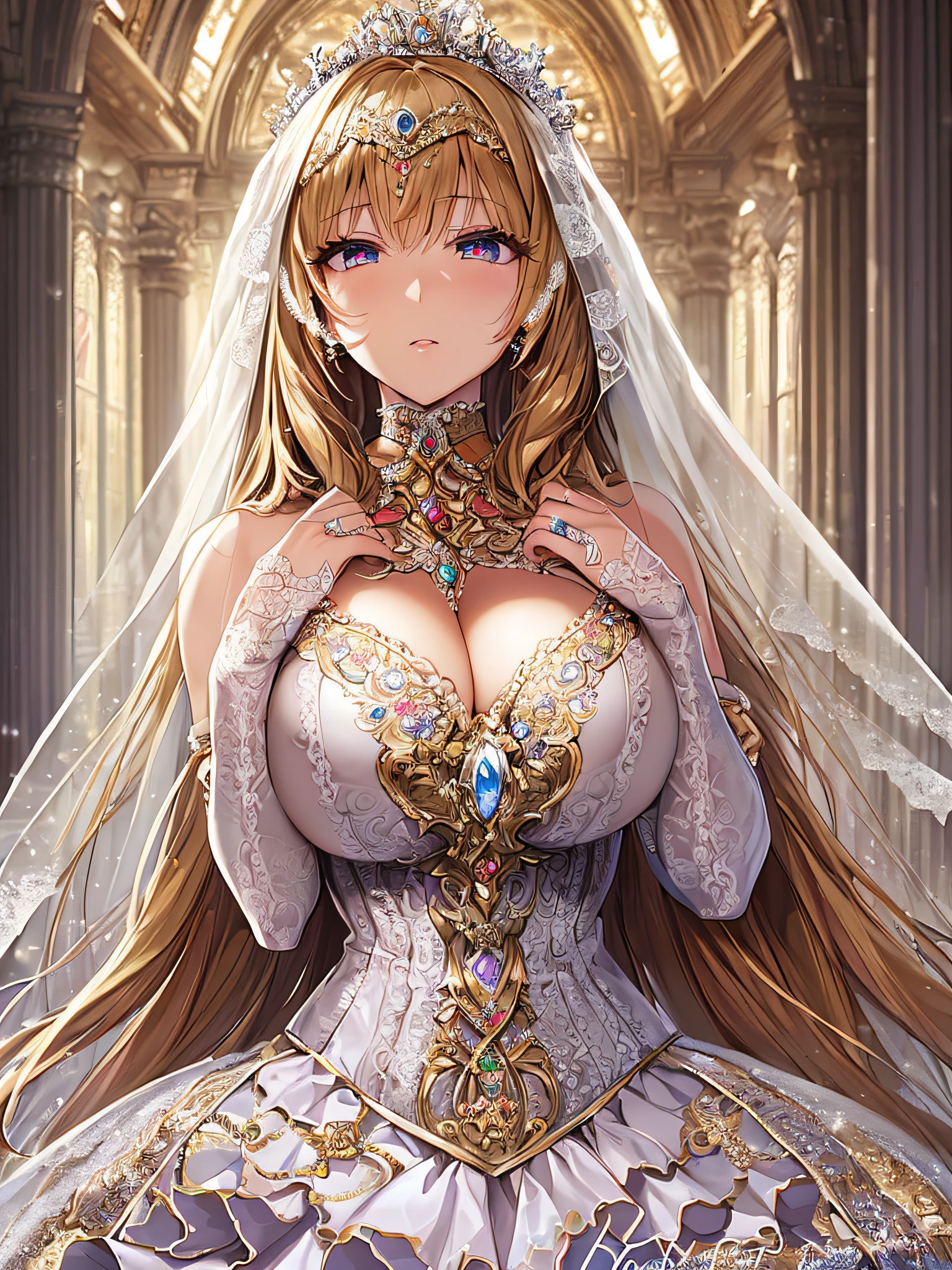 ((anime artstyle)),(Masterpiece),(Best Quality), (Super Detail),((Very Delicate and Beautiful)),Focus on character,Dynamic Angle,Looking at viewer,((Solo)),standing,((full body)),((one princess in gorgeous ball gown wedding dress with voluminous skirt)),((June bride)),detailed face and eyes,jewel-like eyes,((Very Long voluminous Hair)),gorgeous embroidery and lace,((gorgeous corsage)),See-through,(Gorgeous jewelry ornaments),Huge and luxury hair ornament,luxury tiara with jewels,ornate ruffles,((gigantic breasts,Long breasts)),indoor,church wedding,((full body)),hoop skirt,crinoline,very long wedding veil,(((fusion of jeweled wedding dress and gorgeous embroidery rococo ballgown))),