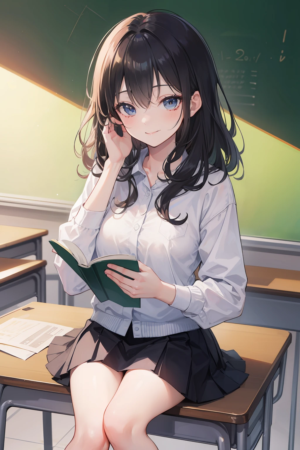 Color, (Masterpiece: 1.4), (Best Image Quality: 1.4), 8K, HD, Ultra HD, 1 Girl, (Big: 1.4), Long Black Hair, White Clothing, Black Short Skirt, White Socks, Desk, Reading, Pen, Curly Hair, Blushing, (Smile of Joy), ((Hands Cover Face, Eyes Covered)), Classroom, Blackboard, ((Sitting at Desk)), (((Reading))