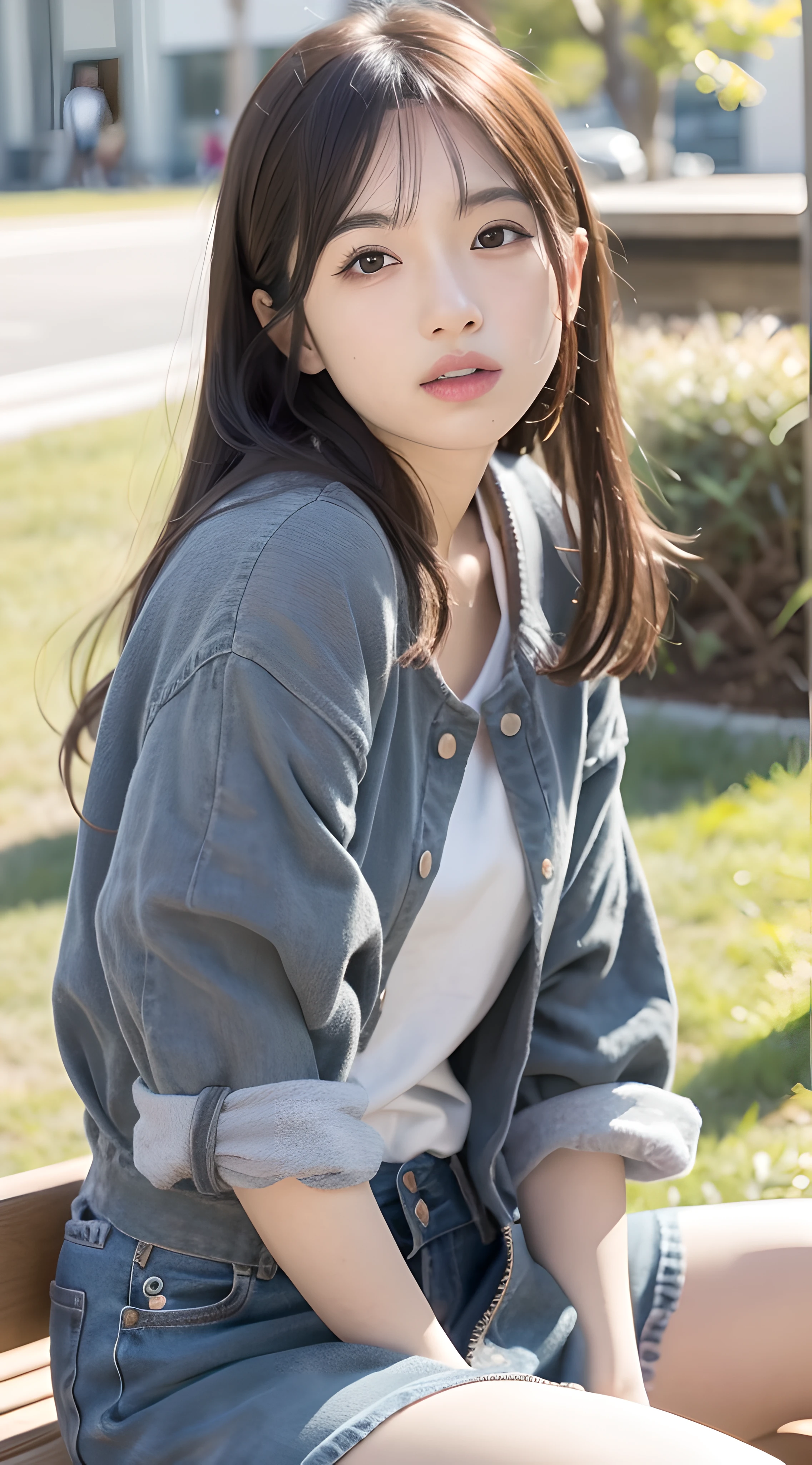 mix4, 20 days, Solo, Long_Hair, Nanase Nishino, Haruka Kaki, park, bench, Seated, (8K, RAW photography, Best quality, Masterpiece:1.2), (Realistic, Photorealistic: 1.37), Professional lighting, photon maping, Radio City, physically-based renderingt