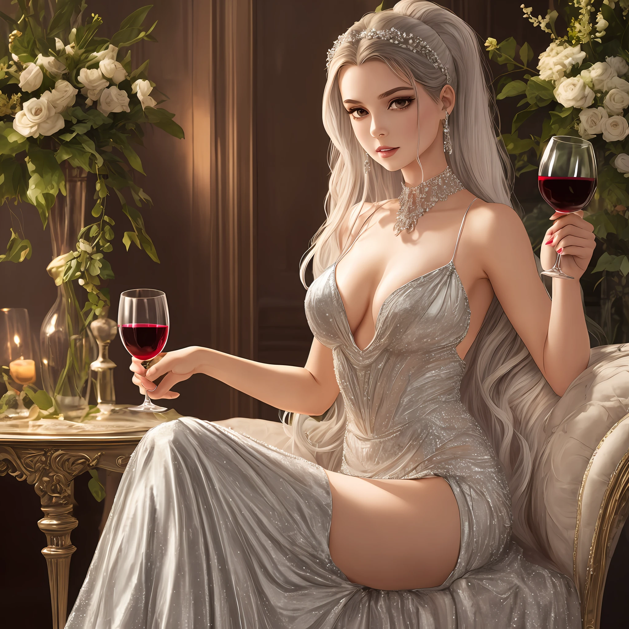 A young female vampire, beautiful, in a silver gown, holding a glass of wine in her hand. --auto --s2