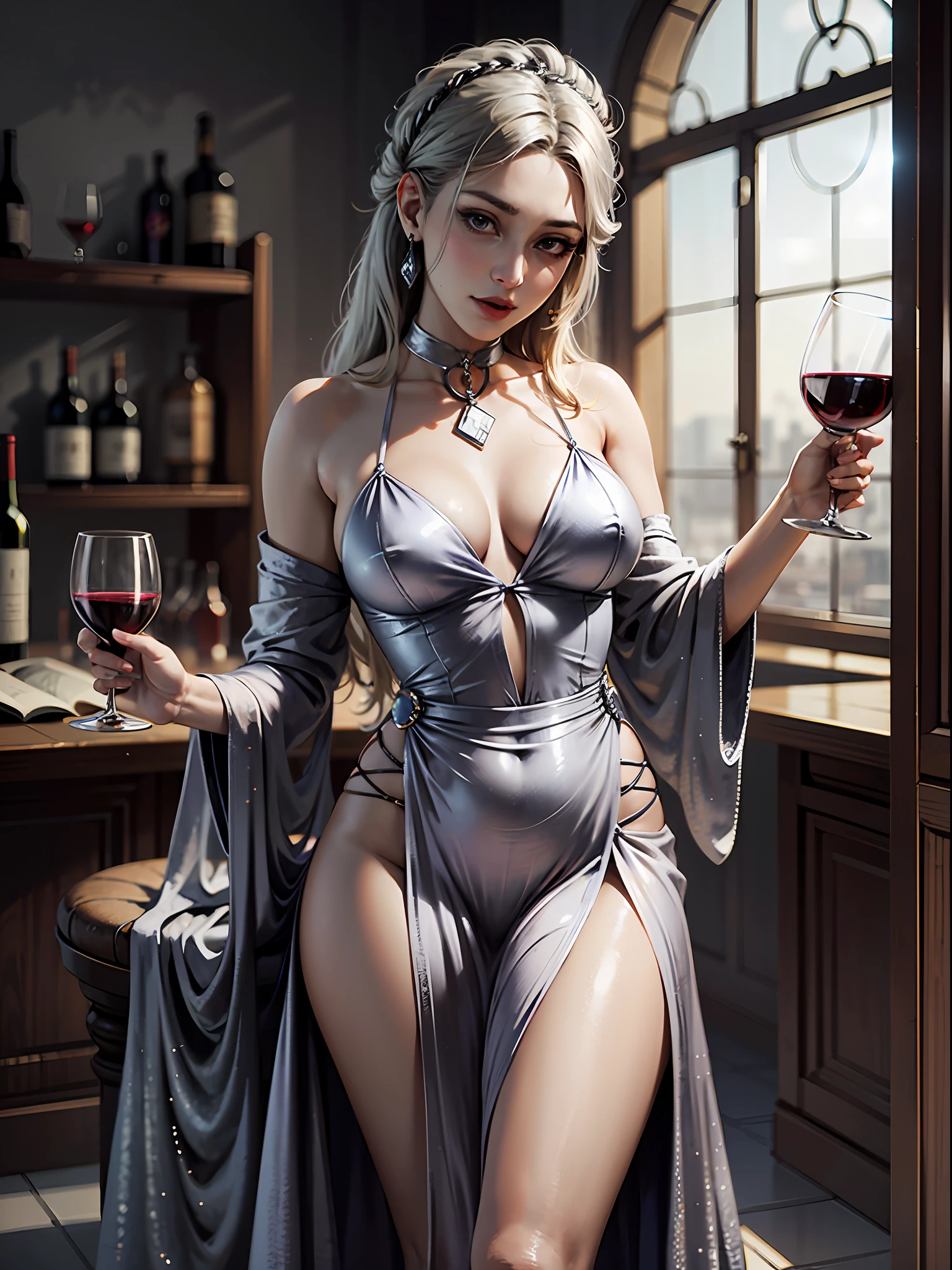 A young female vampire, beautiful, in a silver gown, holding a glass of wine in her hand. --auto --s2