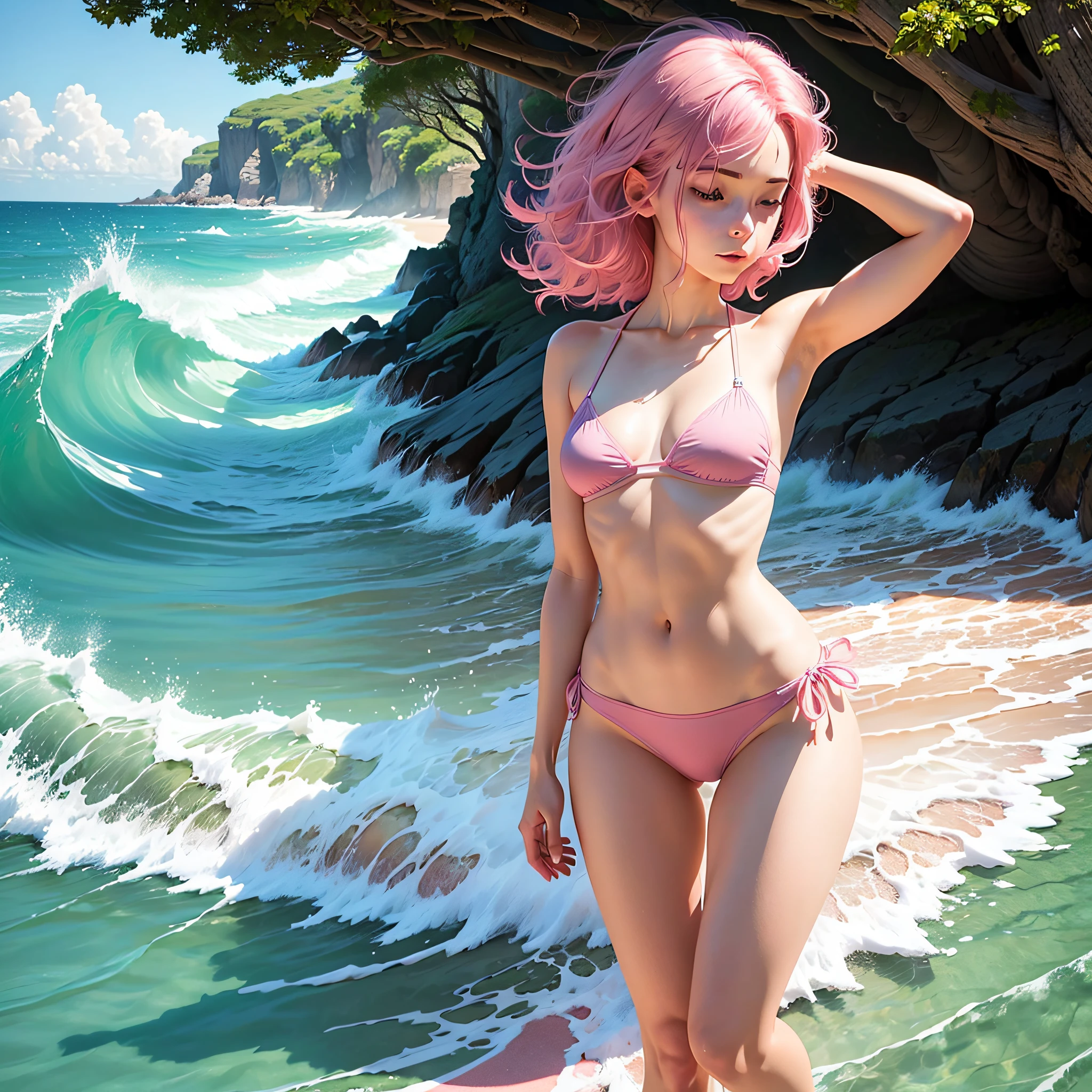 (Wonderful), Pale light blue hair, Wearing a bikini,semi transparent,No straw hats,The waves are raging on the beach, (A pink-haired:1.2),(Smooth hair:1.1)Dance quietly, Like a dancing fairy, (Feminine expression:1.15),Charming little brute waist, After a rainstorm, The waves are ticking, , Fresh and small droplets, (embedding: Waves under the trees) Excellent body posture Basking in the sun --auto