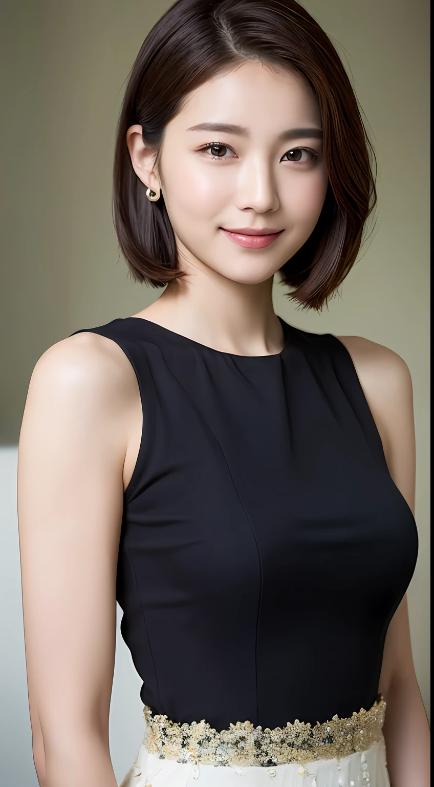 ((Best Quality, 8K, Masterpiece: 1.3)), 1 Girl, Slim Abs Beauty: 1.3, (Hairstyle Brown Hair Shortcut, Big: 1.2), Dress: 1.1, Super Slender Face, Delicate Eyes, Double Eyelids, Smile, Home, Raw Photo