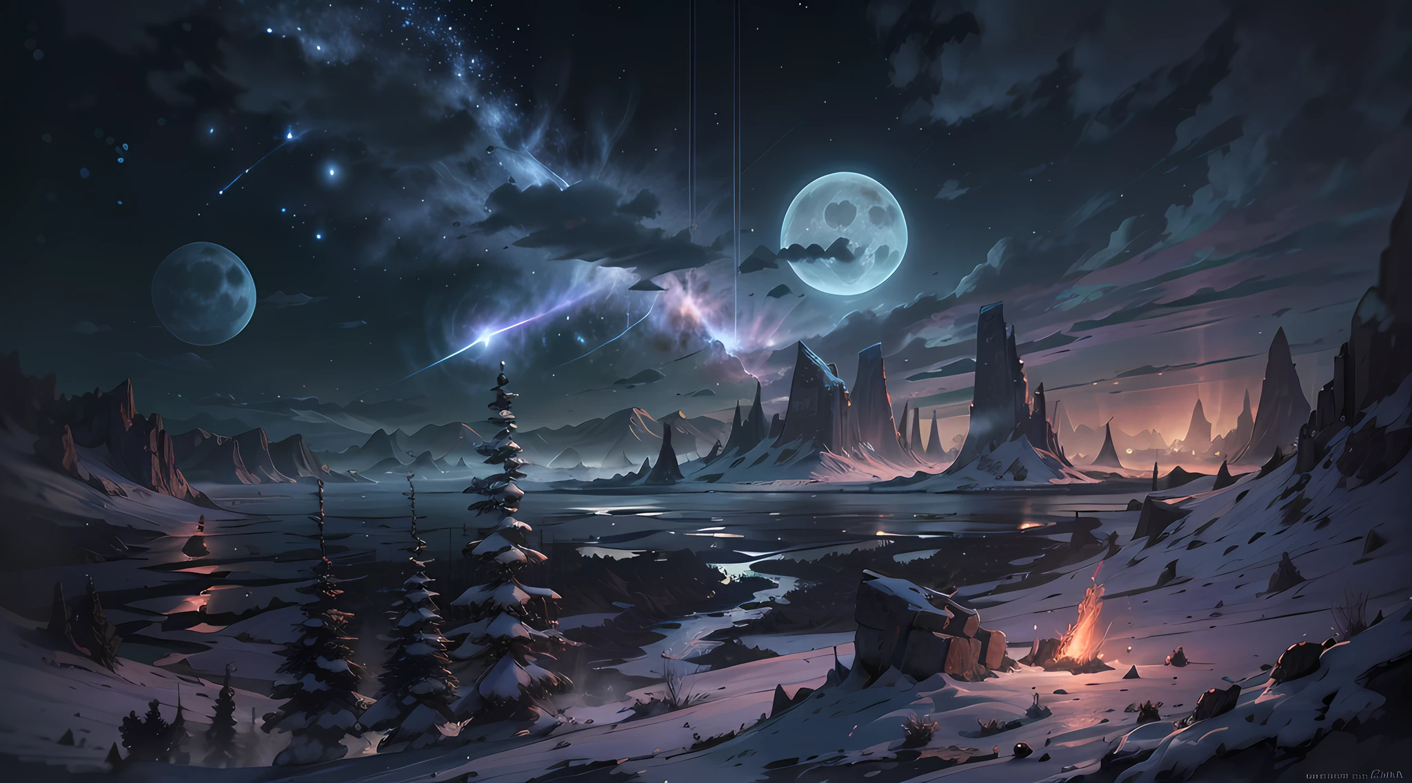 Expansive landscape photography, (See below.), Above is the sky, Below is an open field), (Full Moon: 1.2), (Meteor: 0.9), (Nebula: 1.3), distant mountain, BREAK tree making art, (Warm light source: 1.2), (Firefly: 1.2), lights, Very purple and orange, complicated detail, volume lighting, BREAK realism (Masterpiece: 1.2), (best quality), Ultra-detailed, RAWExtremely detailed, Colorful details, (Rainbow colors: 1.2), (bright lighting, atmospheric lighting), Dreamlike, Magical, 4k