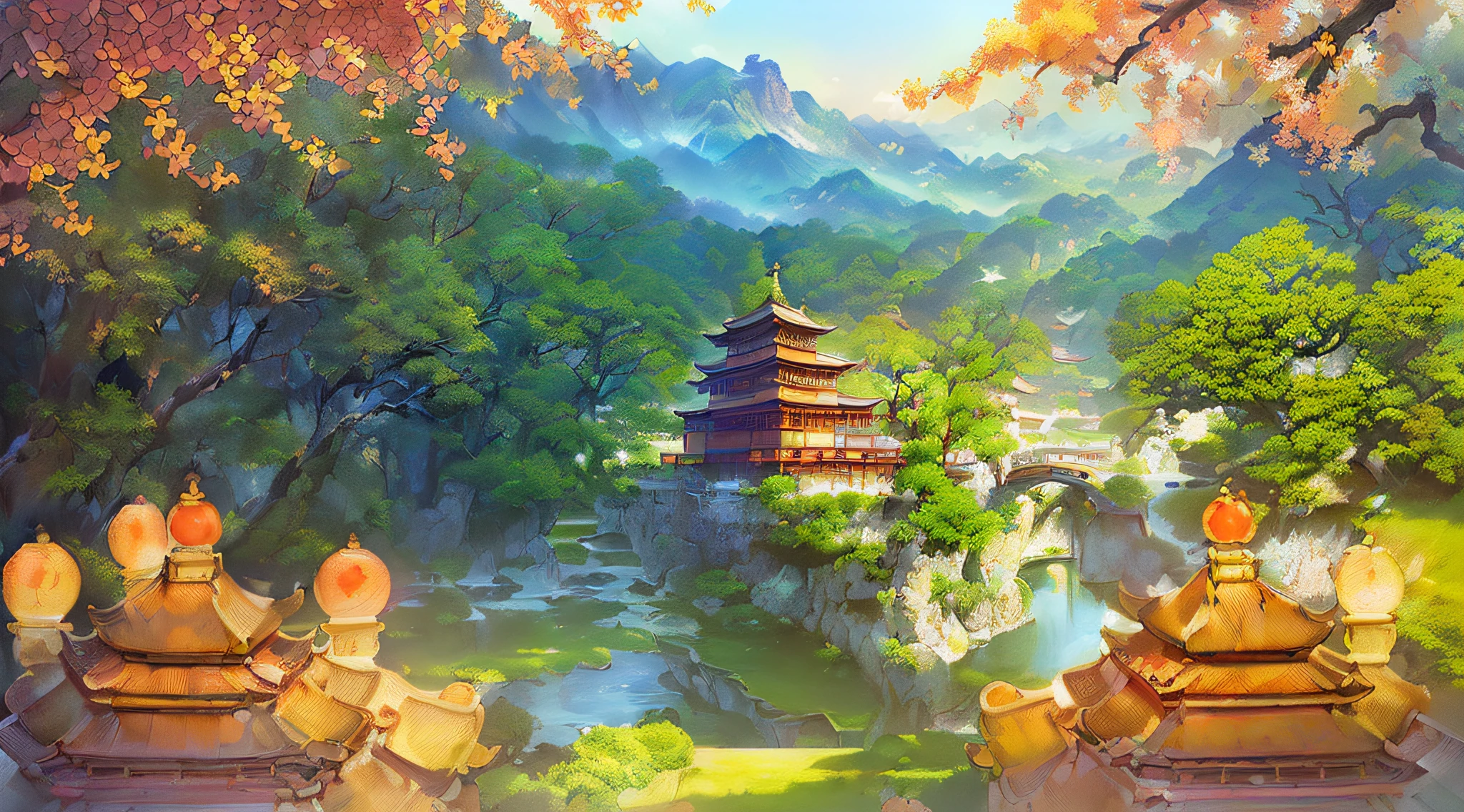 ((masterpiece, best quality, official art, unity 8k wallpaper, absurd, high resolution, (1girl: 1.4), looking to the future, (breathtaking scenery: 1.2), natural wonders, peaceful vistas, outdoor adventures, ( Diverse ecosystem: 1.2), beautiful scenery, trees, Chinese palace, flowers, bridges, fences, birds, ancient Chinese architecture, traditional Japanese concept art, concept art style, detailed 2d illustration, concept art, concept art, Ultra detailed colorful lowpoly art, concept art style, concept art for video games, 2d concept art, concept art illustration, (intricate details), (intricate design, ultra detail: 1.2), art station, (masterpiece, best quality), UHD, 32k, high resolution, extreme detail, Chinese palace, original painting, illustration, Japanese temple, Chinese temple, (((architecture))), immaculately beautiful, stunning architecture, carved beams and painted buildings, beautiful scenery, inspiration From Jin Yong martial arts, sunshine, the original painting of the game scene, Ghibli style, clean color, decisive cutting, blank space, realistic, epic composition