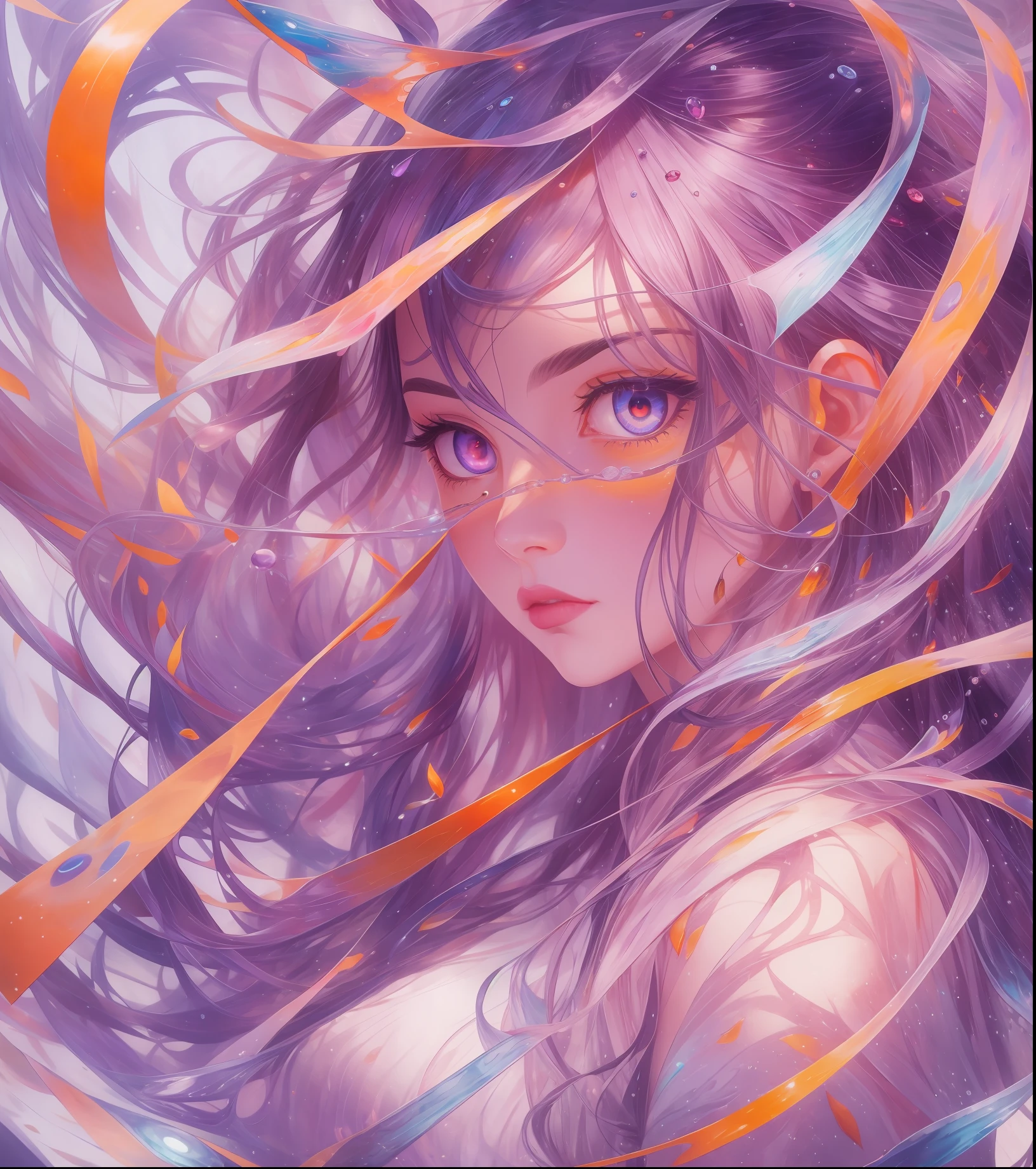 dramatic (((👁)))(fantasy scene background),[Woman]Sharp details, ribbons of colour floating, water dispersion, hyper-detailed painting,