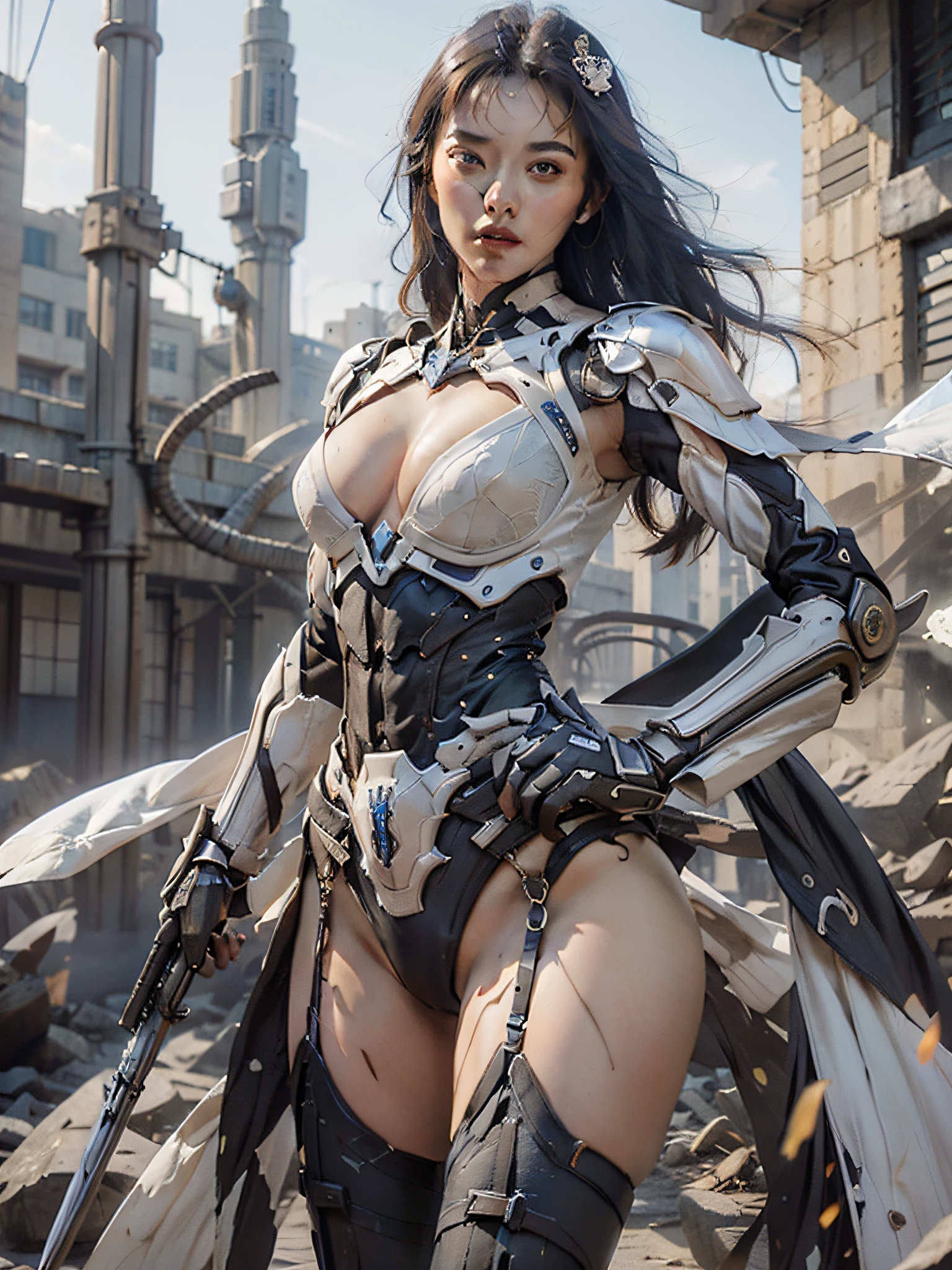 very best quality，tmasterpiece，Super-High Resolution，（真实感:1.4）,The sword，Detailed details,1girlhugebreasts,Combat posture,Cleavage，a  beauty girl，Hand-held weapons，mechs，A mechanical，ellegance，Clear focus，gentlesoftlighting，vivd colour，tmasterpiece，