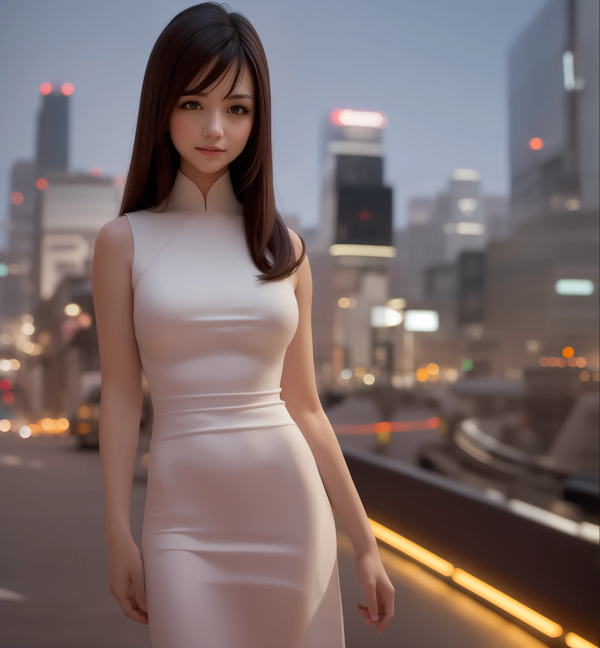 ((Best quality, 8k, Masterpiece :1.3)), 1girl, smiling, full body, slim face, Pretty woman, (Dark brown hair), full length dress :1.1, Ultra-detailed face, Detailed eyes, Double eyelid, blur background, slim face, city, outside, street,