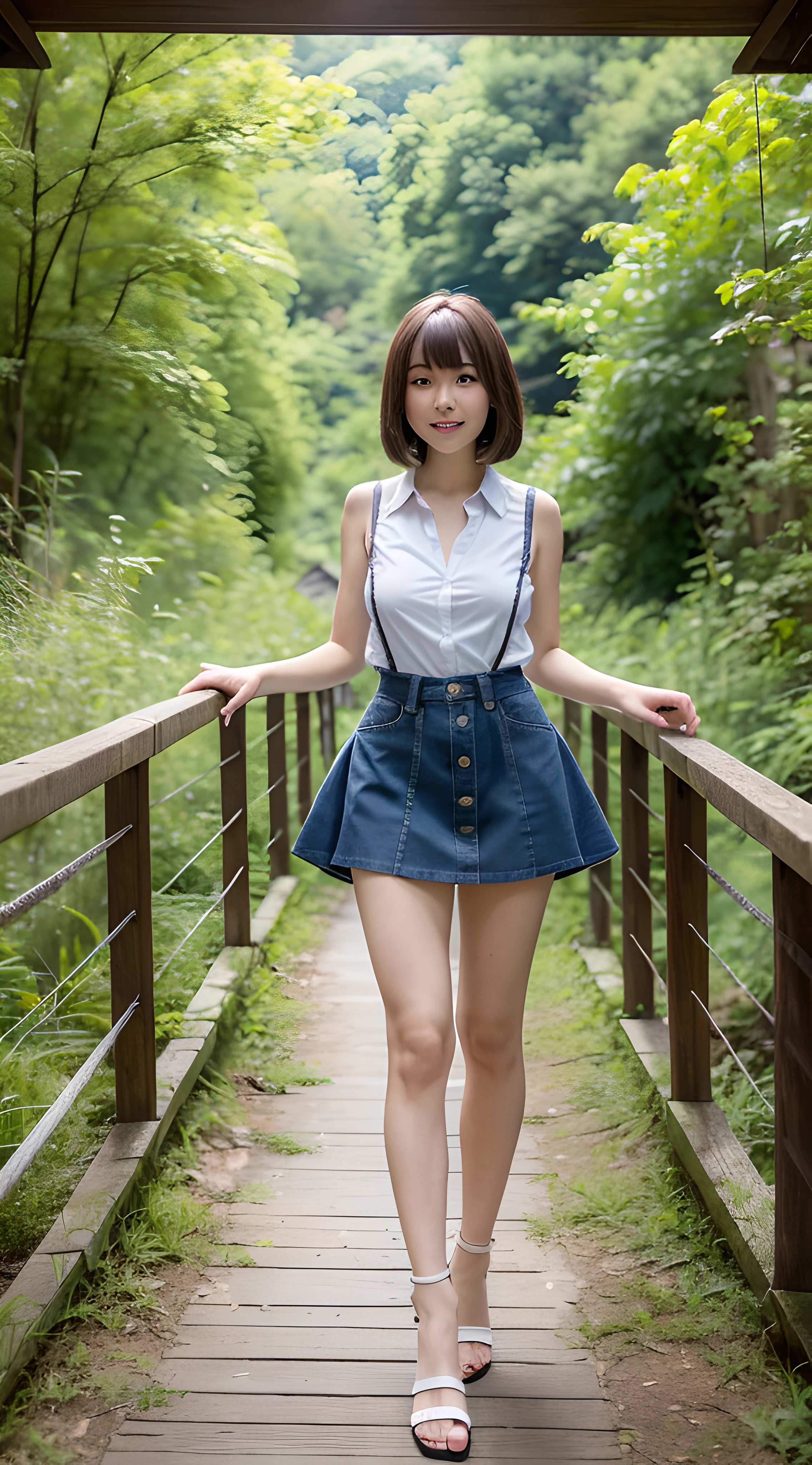 mast, 1 girl per 1 photo, Cowboy shot, directly front view, a Japanese young pretty girl, Stand on an old wooden bridge,Ride through deep valleys,The Japanese countryside is surrounded by mountains, A big smile, Glamorous figure, Wear sleeveless light blue shirt with collar, Wear a suspender fluffy skirt, naked feet with low heels sandals, , Summer sun, Gaze at the scenery, hyper cute face, Glossy lips, double eyelids for both eyes, Natural makeup, Shiny smooth light brown hair,Bob long hairstyle , Asymmetrical bangs, Tanned skin, central image, 8K resolution, High detail, Detailed hairstyle, Detailed face, Cinematic lighting, Octane rendering, Ultra photo realsisim, Perfect limbs, Perfect anatomy