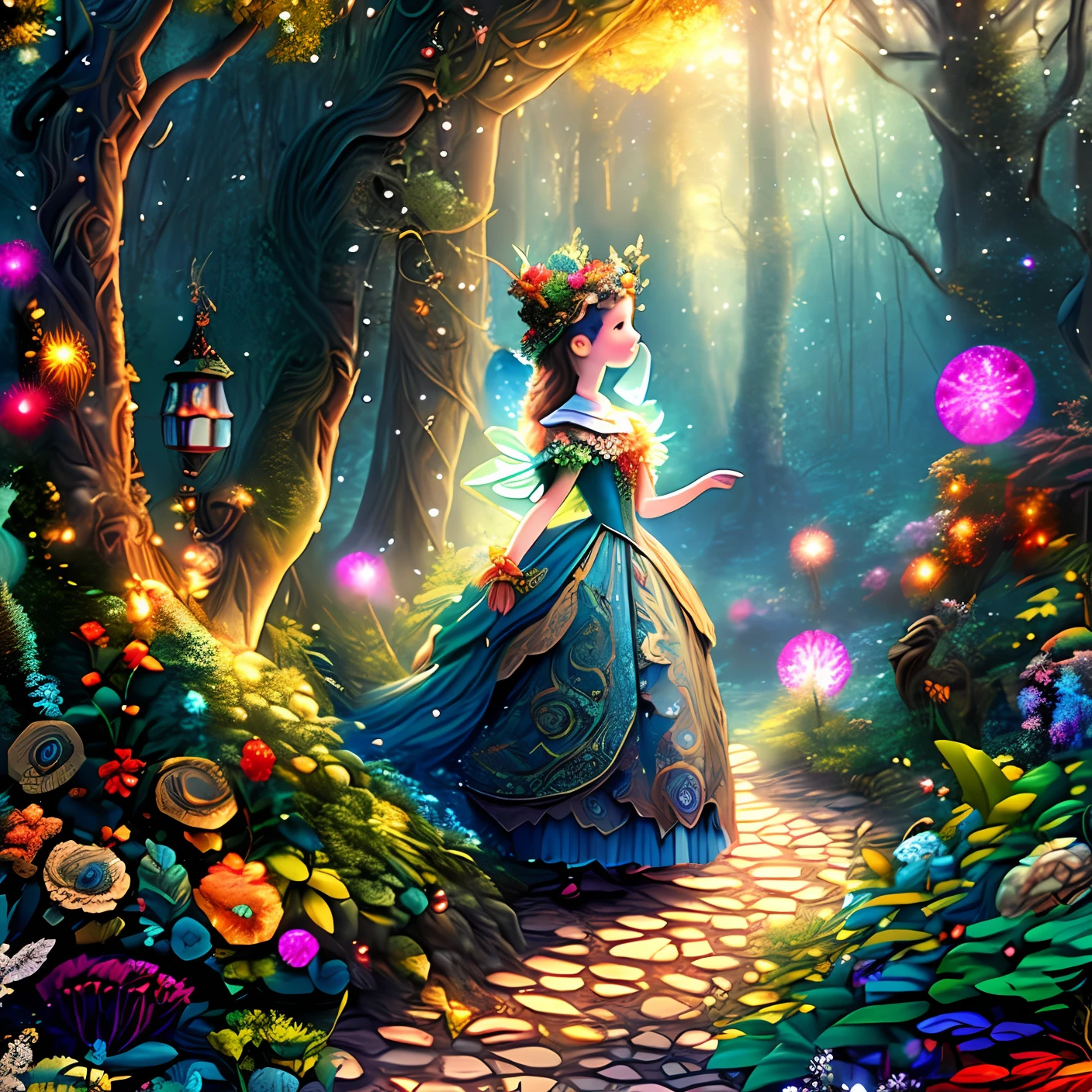 An enchanting, (ultra-detailed CG 8k wallpaper), (masterpiece) in a mystical, (fairy tale world), full of wonder and magic. Featuring intricate, (embroidered costumes), and (colorful fabric patterns), (floating) in a whimsical scene of (forest), (depth of field), (fairy lights), and (volumetric light), this illustration will transport you to another world