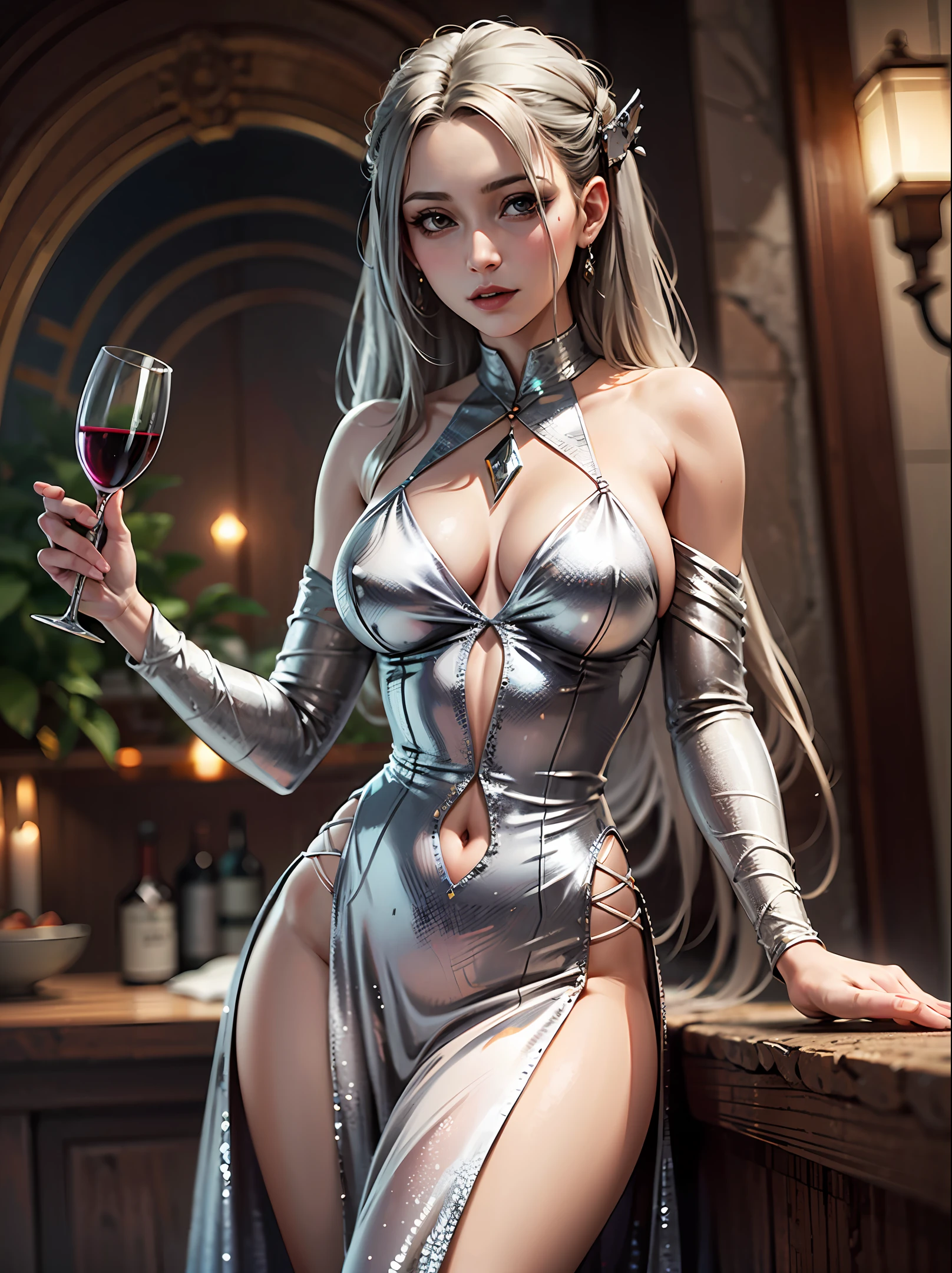 A young female vampire, beautiful, in a silver gown, holding a glass of wine in her hand. --auto --s2
