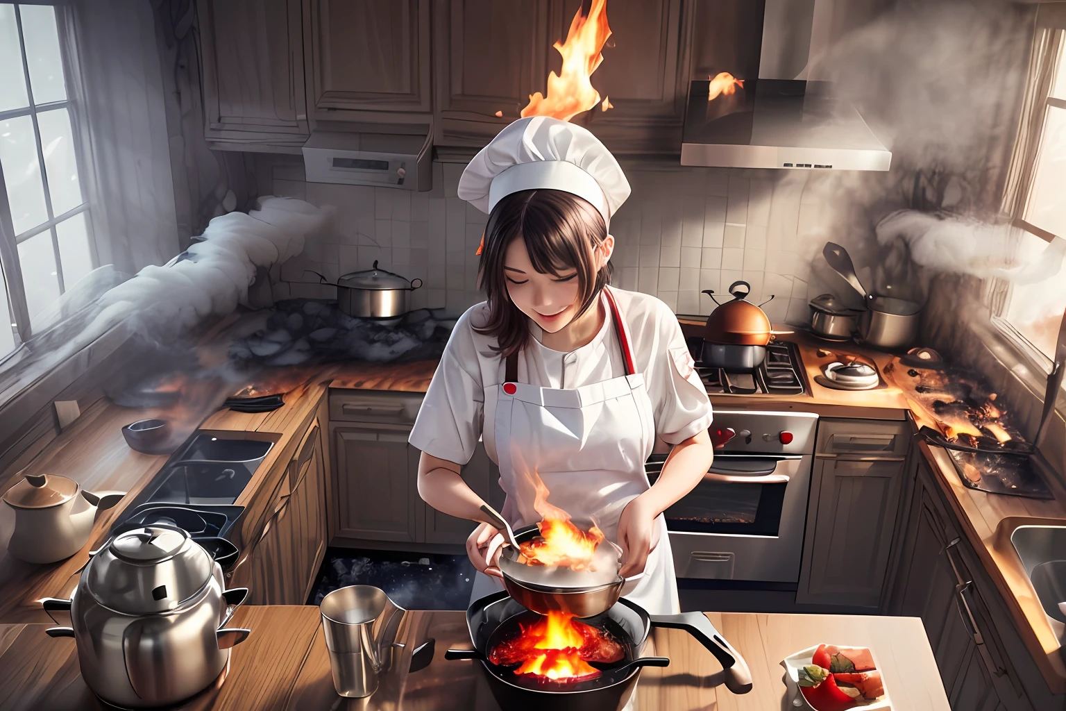 A Cooking disaster theme, Chaos scene background, (((Burning Kitchen Room, Exploding pot, flame, fire, Thick billowing smoke, Spilled pan))), BREAK, 1girl, lovely and beautiful, cold smile, chill, white-orange mix color hair, short hair, apron with chef hat, kitchen, modern kitchen, is cooking and preparing some pasta, ((Masterpiece, CG Illustration, Best quality, Ultra absurdres,hyper-detailed:1.3)), 8k unity wallpaper, highres CG post production
