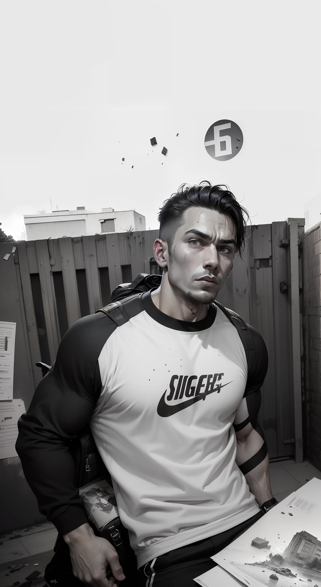 Strong muscular man, street rage, backpack, epic realism, photo, faded, complex stuff around, complex background, wet, neutral colors, ((((hdr)))), (((( muted colors)))), complex scene, artstation, intricate details, vignette