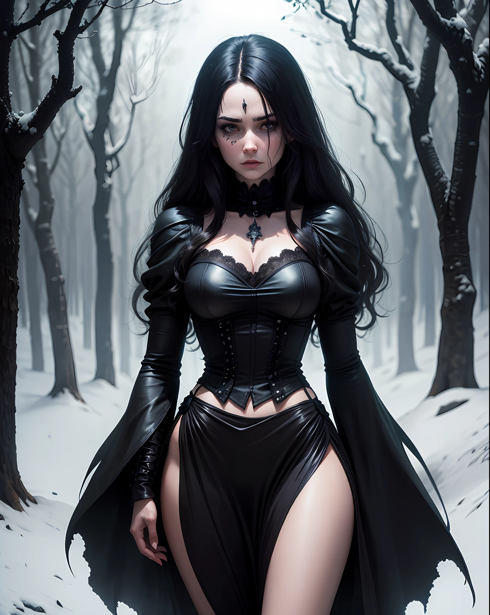 A Gothic bruxa in a dark and sinister forest, estilo filme de terror, Sombras em destaque, terror, suspense, fotografia realista ultra detalhada, peitos grandes e pesados, cintura fina, pernas grossas, roupa rasgada, long messy black hair, noite neblina