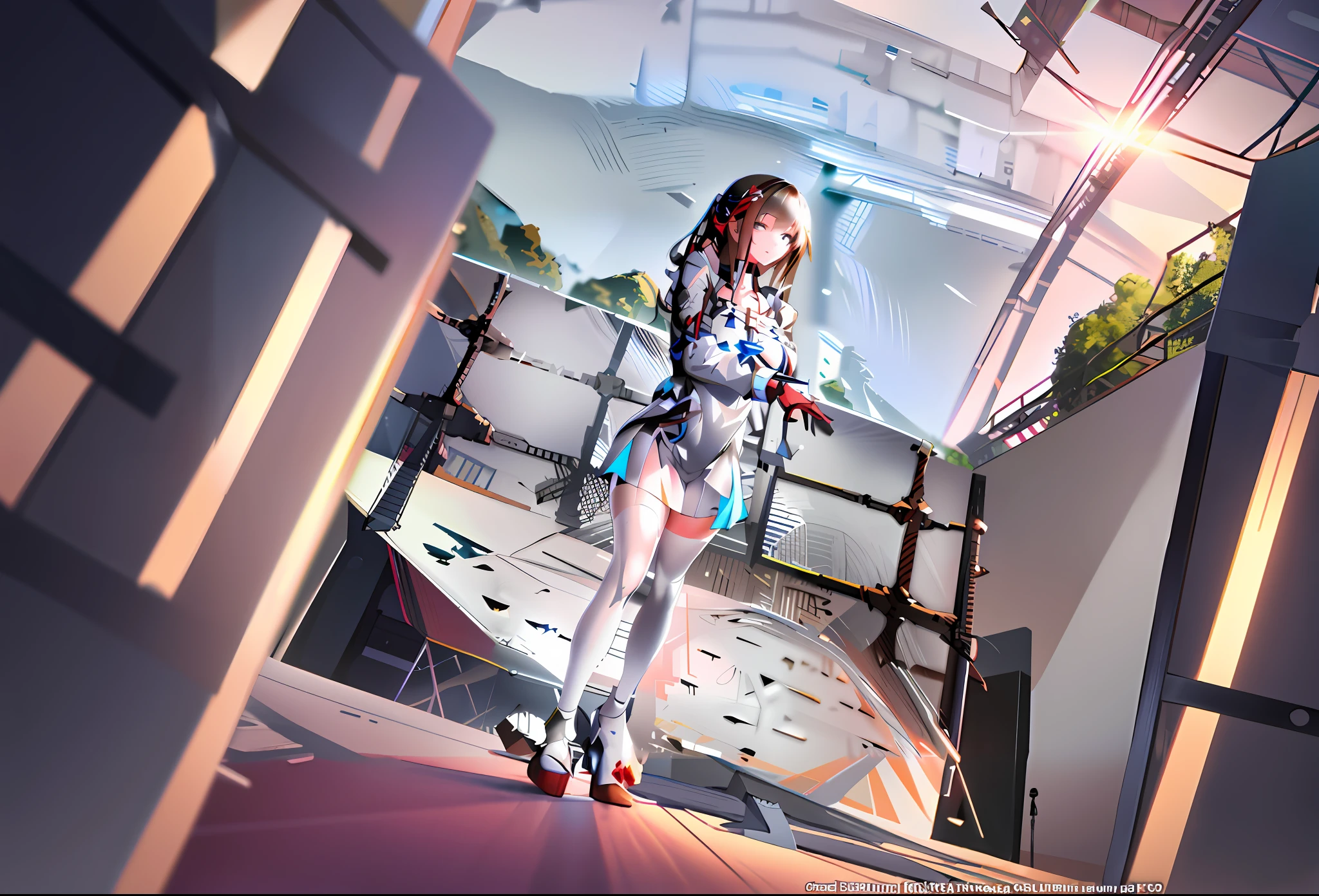 A girl in a short skirt and high heels stands in the center of the stage, Pisif 3DCG, Digital art on Pisif , [ 4 K digital art ]!!, Kushatt Krenz Key Art Women, Pisif Contest Champion, Makoto Shinkai. a digital rendering, Kantai collection style