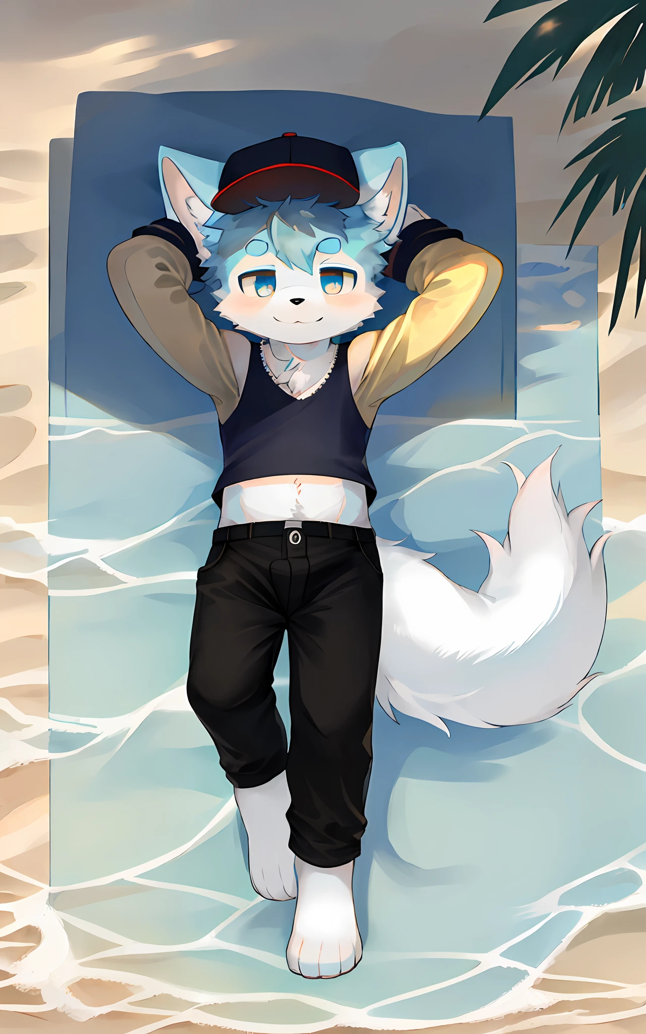 (1boys:1.4), JW3, Cute arctic fox boy, (hairy pubic:1.5), (The arms are light blue)Light yellow fur, bodyfur, (full bodyesbian:1.1), (tmasterpiece),(Heteropupil), (With a hat on)(ultra - detailed),(short- sleeved)(Cute and handsome) Eyes, looking at viewert, 独奏, coda, trouser, On the beach,beachside, Super high number of songs,Shota boy,Small short legs,(Lie on the beach)