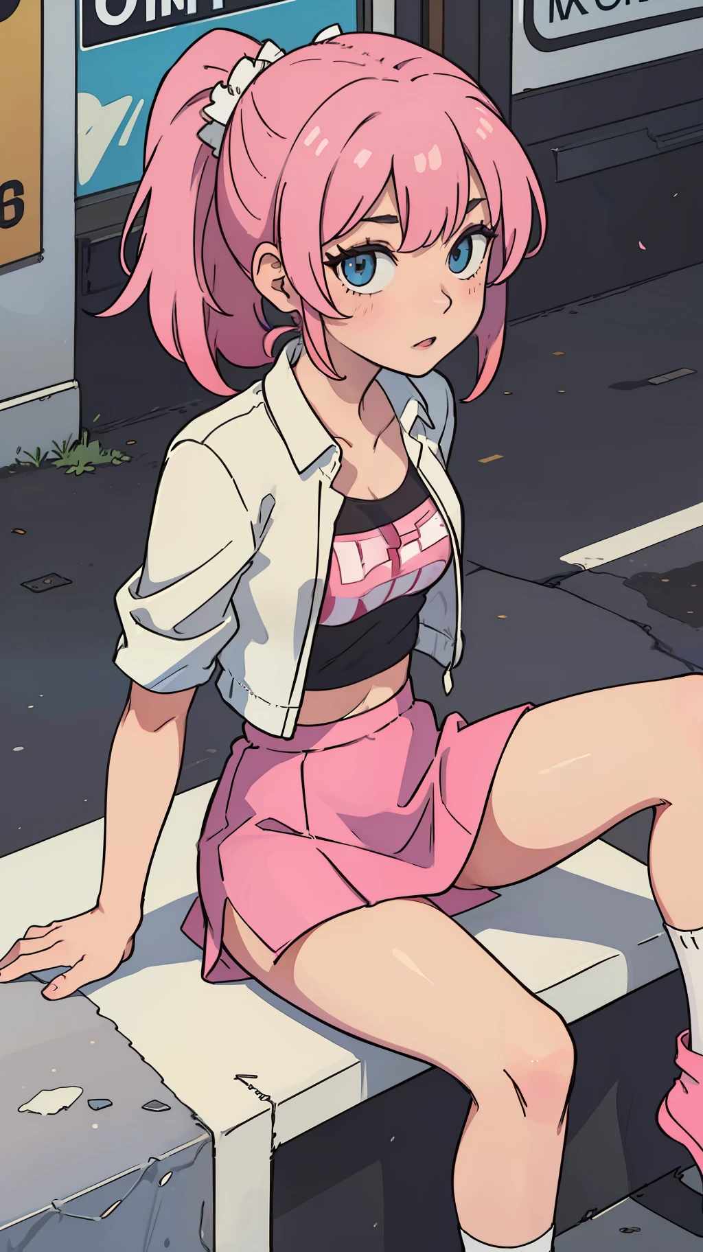k hd,high qulity,1girll,Pink hair ponytail,Sexy clothes,the street,Superskirt,Sitting down,Spread your legs,skinny and thin,white short socks