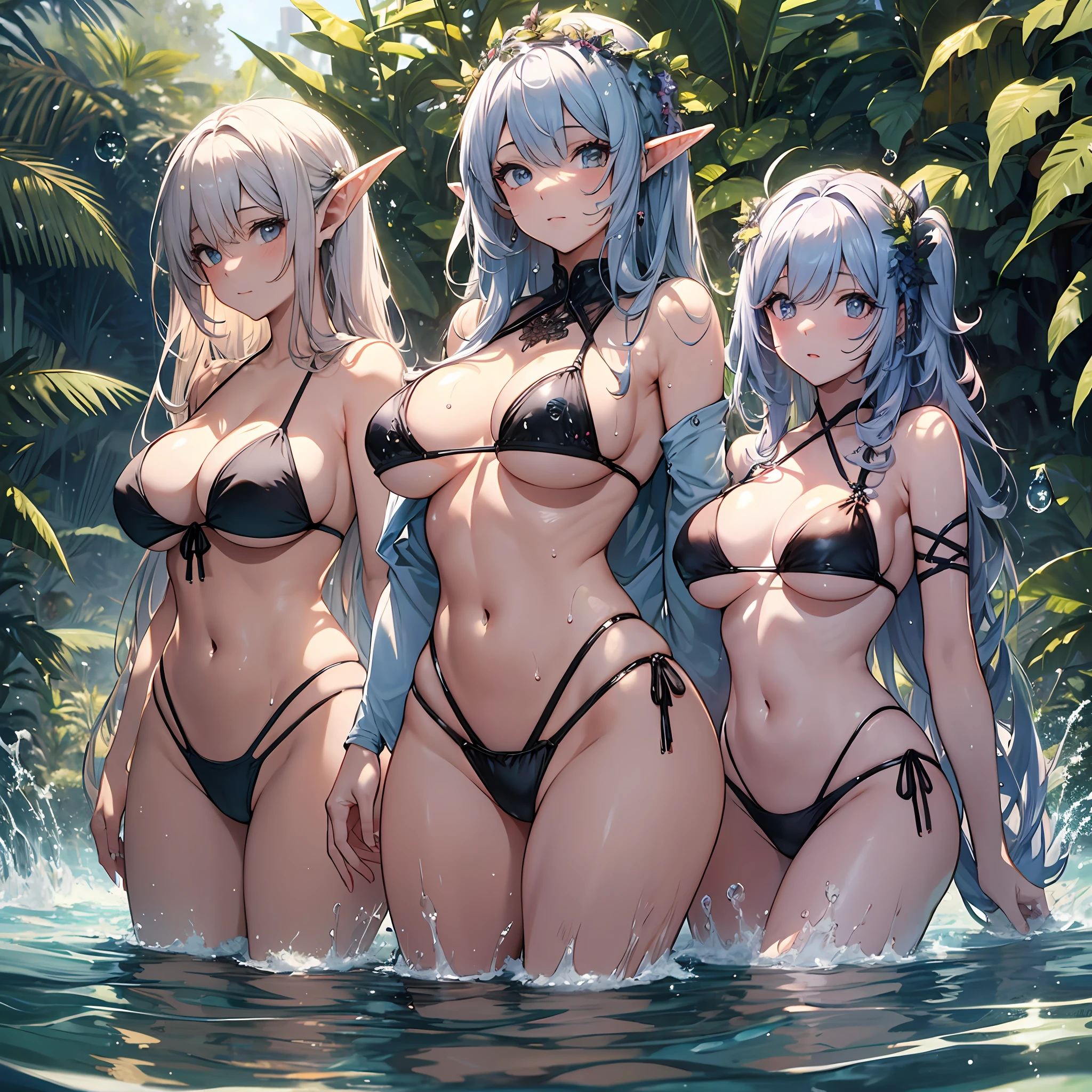 ​masterpiece, 4K, Top Quality Elves　bathing in water　　a large amount of water droplets　perspiring　　Longhaire　a beauty girl　huge tit　The bikini　　　Beautiful beach　A sexy