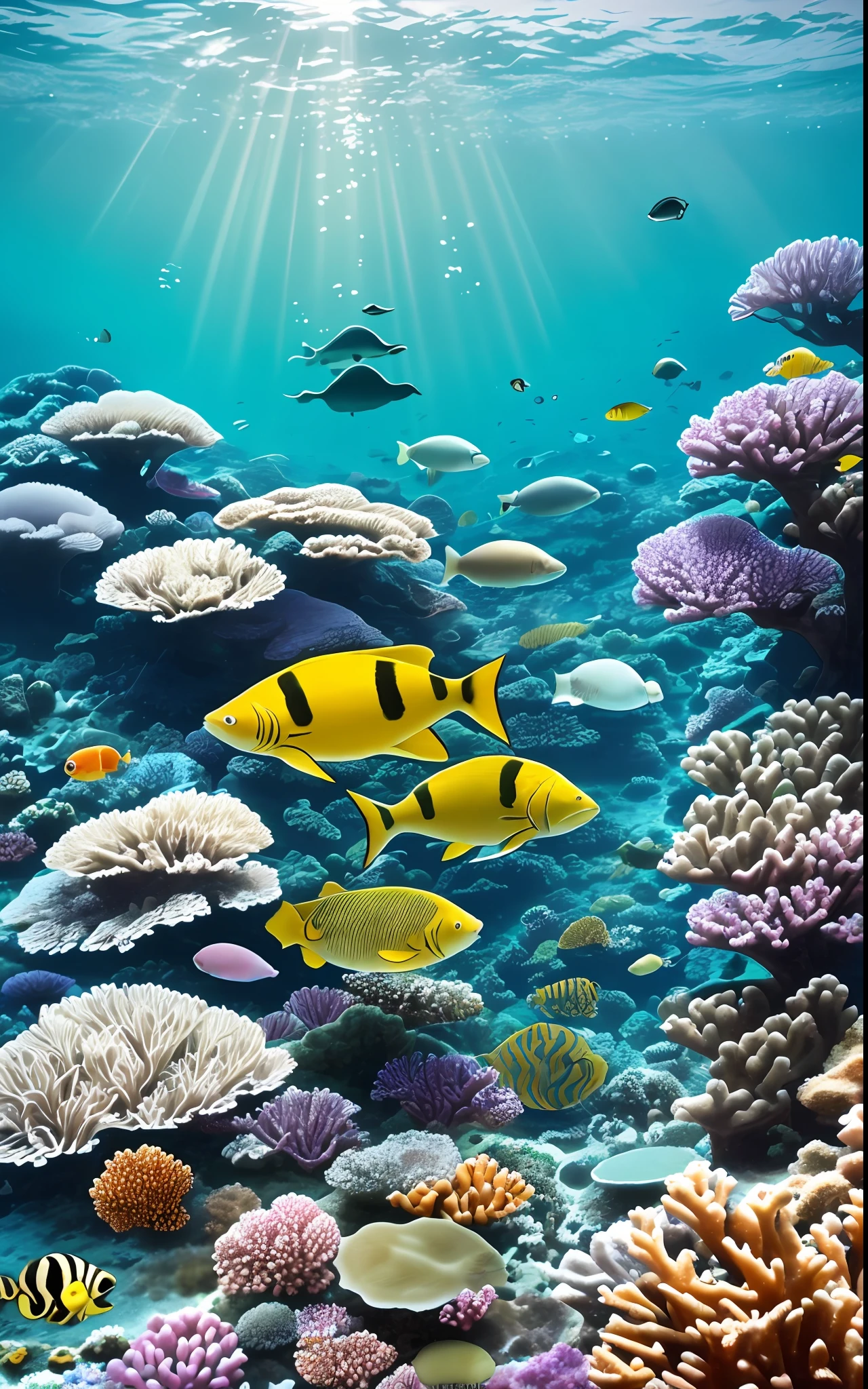 The moon as seen from the bottom of the sea， the night， Eau， nightlight， Fish shadow，ocean floor，Marine life，Beautiful coral reef，Corals of all colors and shapes，Colorful fish，fish flocks，Marine fish，the shark，Dive into the depths of the azure sea，
Explore the mysterious underwater world like a dream。
Over here，Painted Reef rises，
Splendid schools of fish dance。

The coral reef unfolds in a colorful way，
Like an incomparable palace。
Seaweed snuggles in it，
Sway gently，Like a dancer。

The treasures of the world lie quietly，
The shells shimmered with a fantastic light。
Jellyfish are like brilliant works of art，
Soft and flowing，Charming and peaceful。

Turtles move slowly in the city，
Faithfully guarding the secrets of the ocean。
Whales sing in the distance，
The tune echoes，Gentle and majestic。

The ocean universe is boundless，
Even in the depths of darkness。
But under the starlight casting，
Everything is clearly visible，Authentic and pure。

Let's dive into the embrace of the ocean，
Immerse yourself in a magical underwater world。
Feel the endless tranquility，
Be with nature，Thoughts fly。