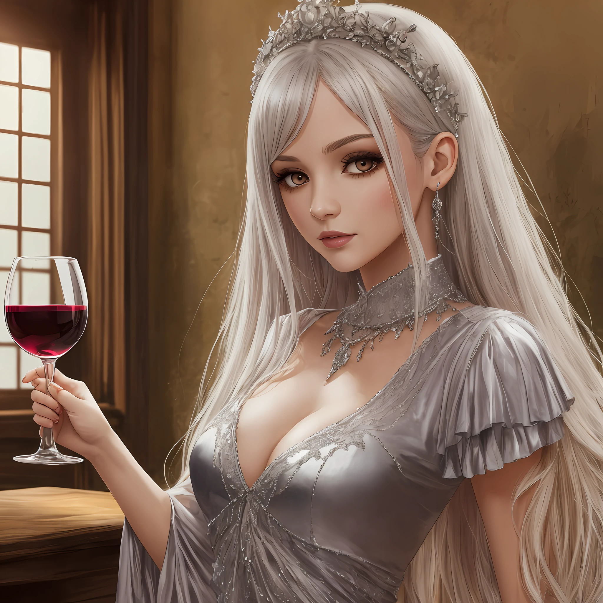 A young female vampire, beautiful, in a silver gown, holding a glass of wine in her hand. --auto --s2