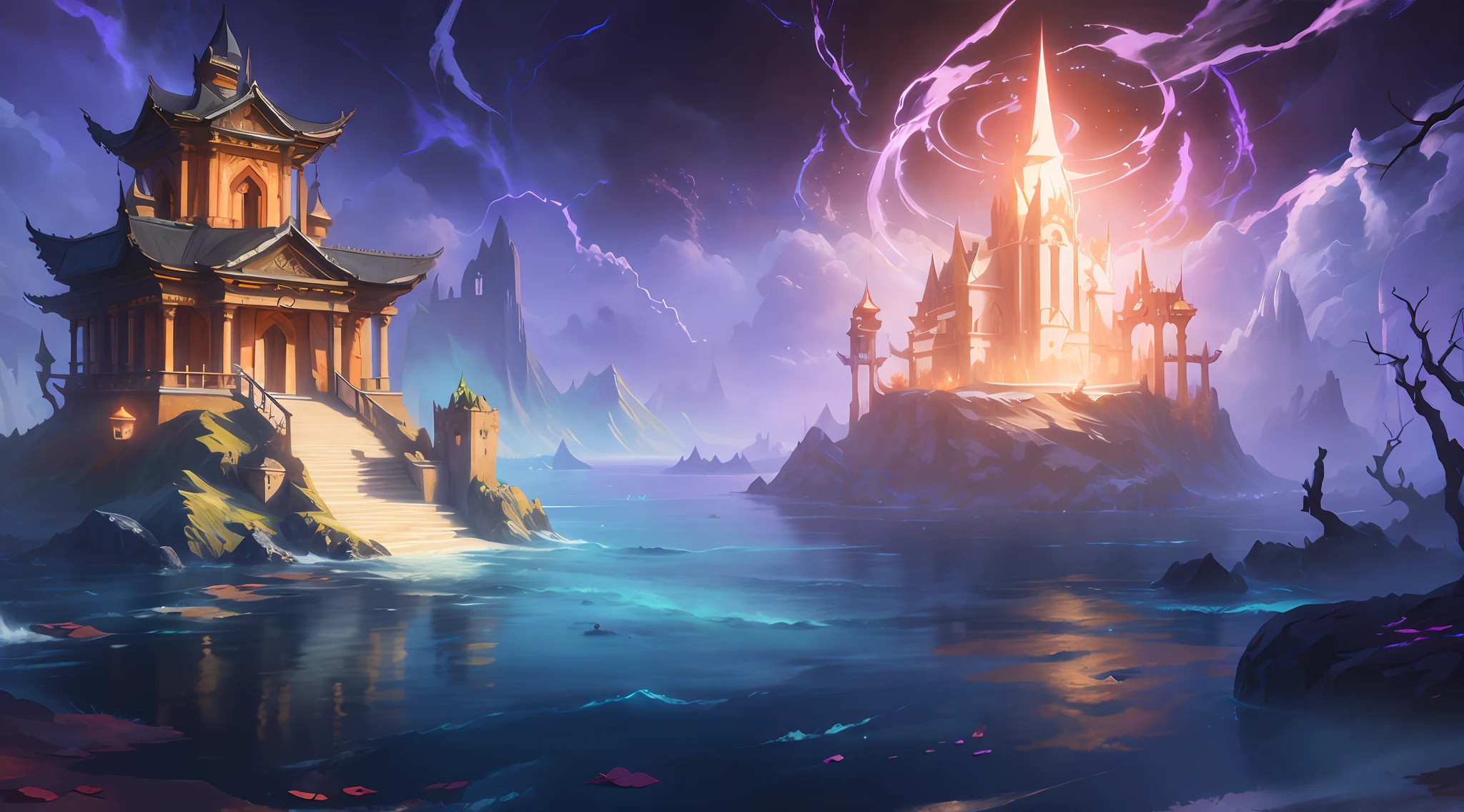 Anime Dream Castle at the water's edge,A dragon flew over it, world of warcraft splash art, Official Splash Art, world of warcraft art style, background artwork, 8k hd wallpaperjpeg artifact, 8k hd wallpaperjpeg artifact, Epic fantasy digital art style, wallpaper splash art promo art, odin's stone arena background, matte painting arcane dota pixar