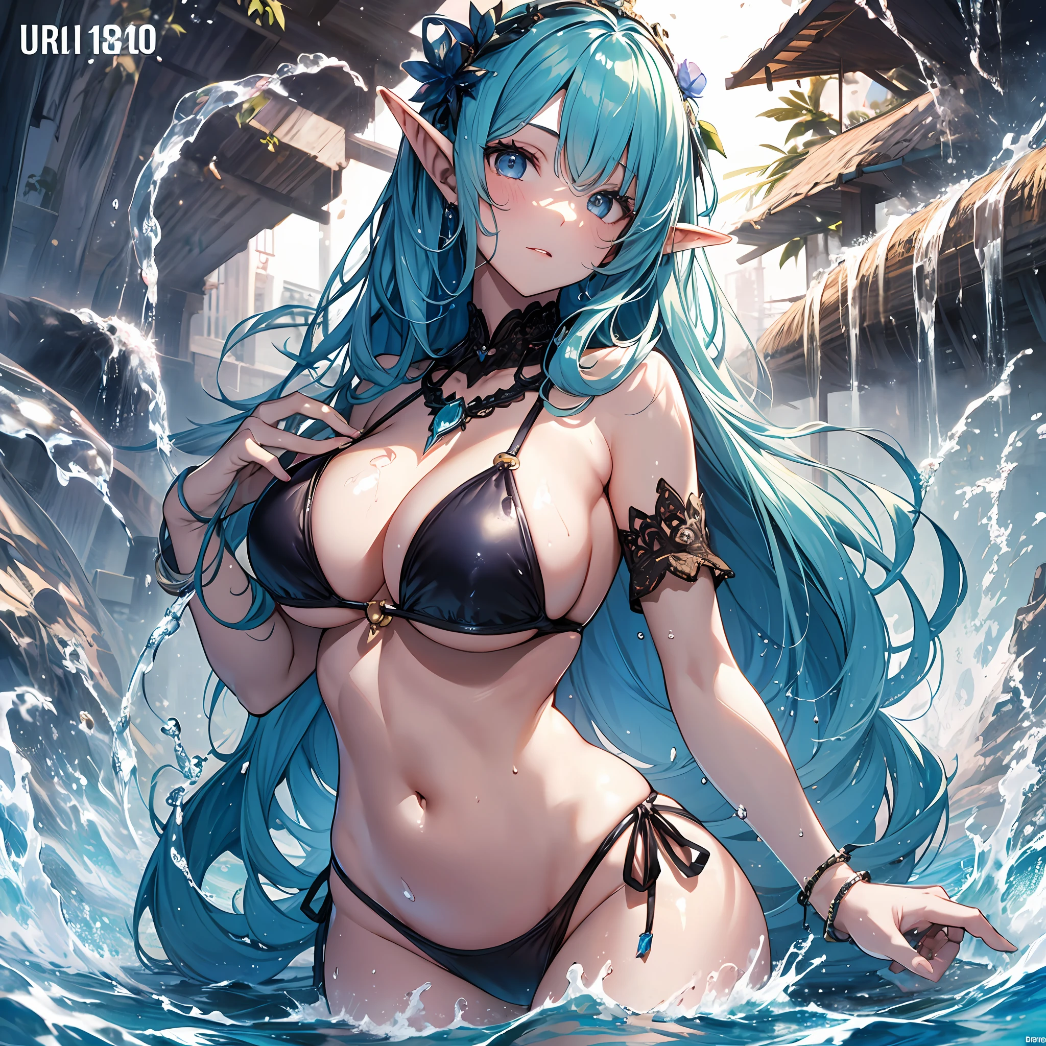 masterpiece, 4K, Top Quality Elves bathing in water a large amount of water droplets perspiring Longhaire a beauty girl huge tit The bikini Beautiful beach A