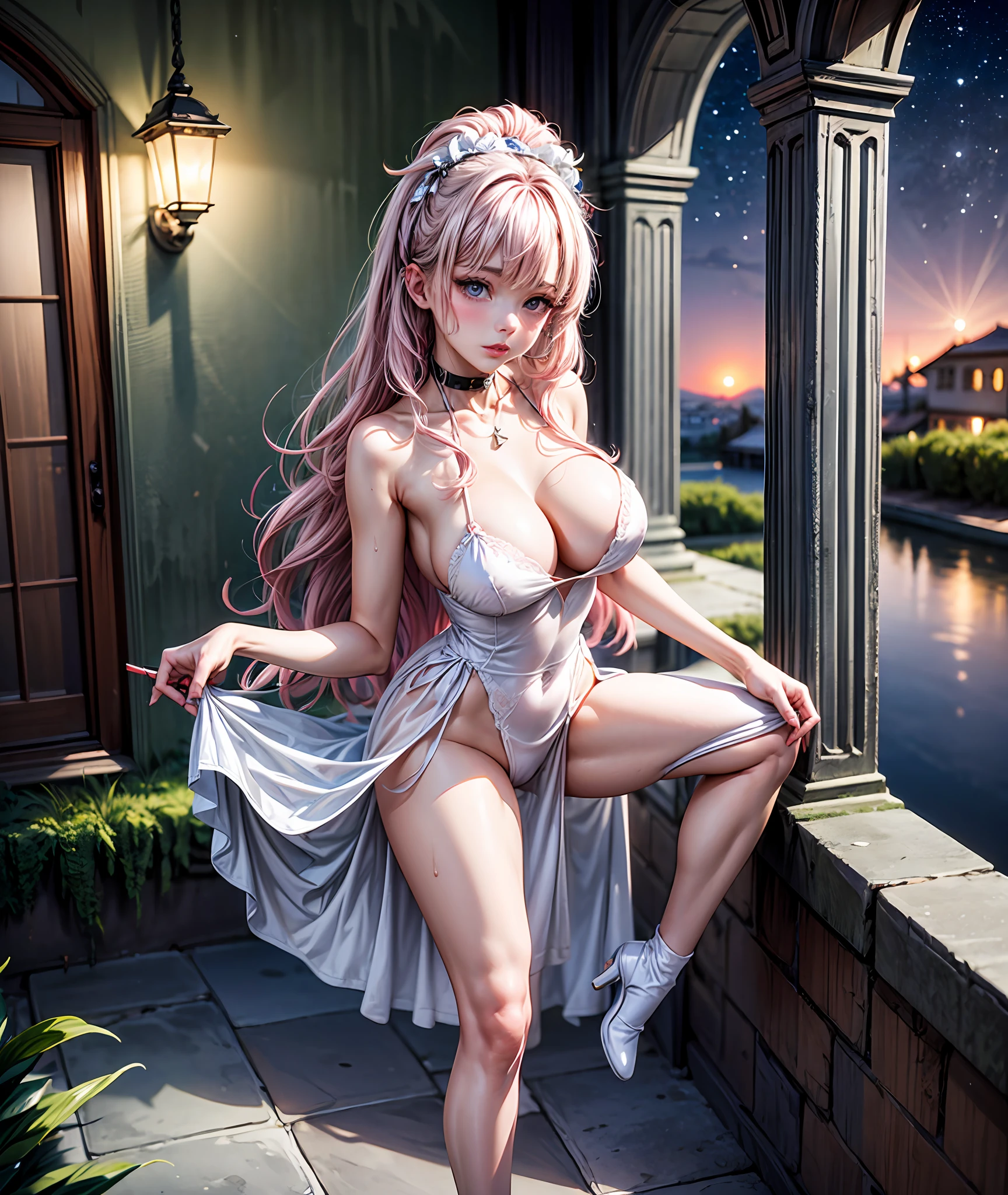 （8K，tmasterpiece，top Quority，realisticlying），（Hyper-detailing，artwork of a，Ultra-clear，Whole body diagram），（serious：1.1），（（Long pink wavy hair）：1.3，beatiful detailed eyes，Perfect proportions，eyes with brightness，Light makeup，choker necklace，ear jewelry，Pink and moist lips），1. y tee，Hilltop Villa，Beautiful starry sky，Lake water，magical little dress with white high-heeled boots，Pink magic wand magic wand，Brilliant streamers，Magic Array，Elegant and beautiful hairpins，Pink wavy curls，gigantic cleavage breasts，Futtocks，Sbeautiful legs，Seat，Fair and moisturized skin，（The atmosphere is ambiguous，misty background，a fairy world：1.2）