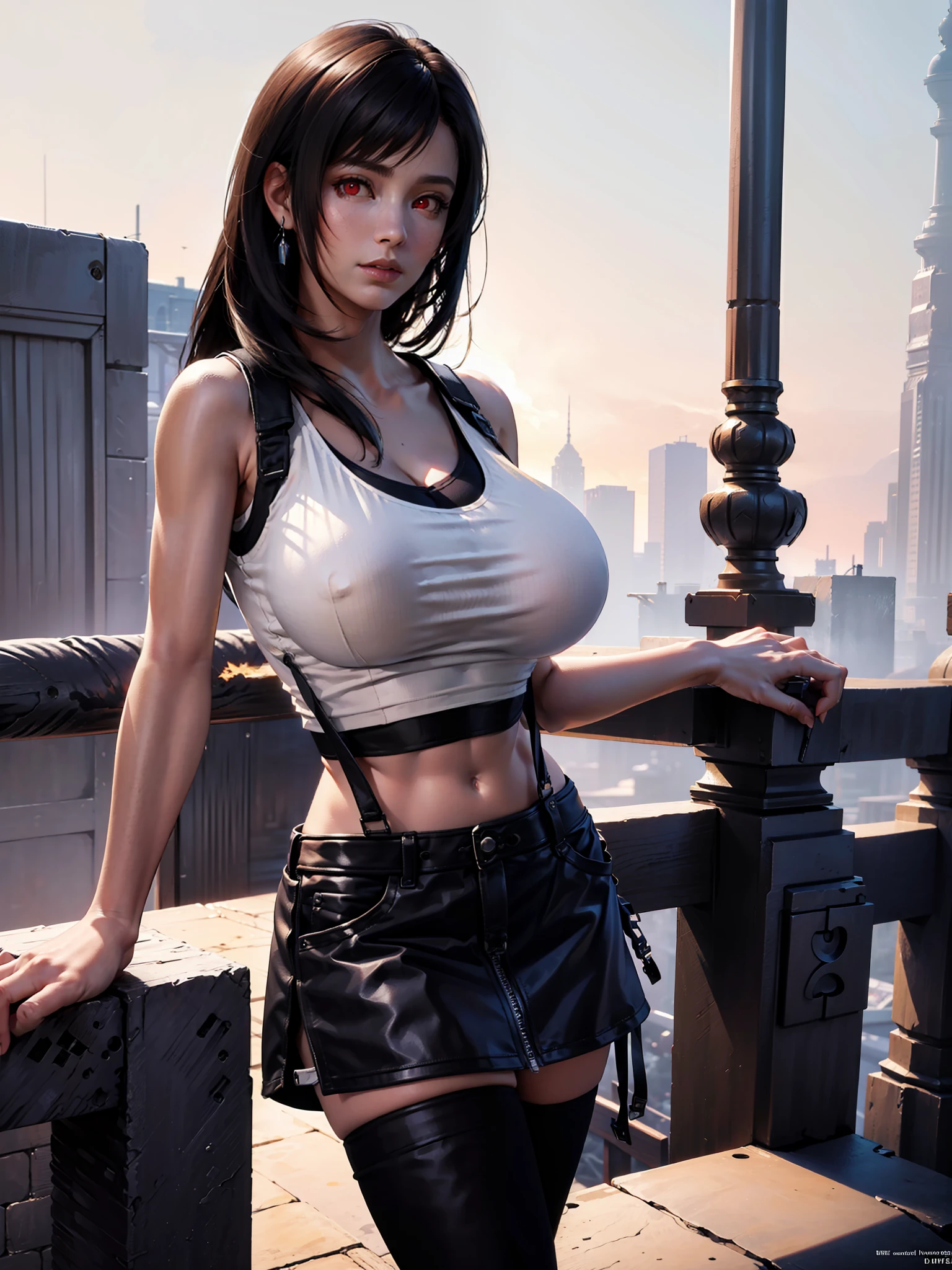 official art, unity 8k wallpaper, ultra detailed, beautiful and aesthetic, masterpiece, best quality, 1girl, extremely detailed, dynamic angle, cowboyshot, elegant, vivid colours, romanticism, yoshitaka amano, frank frazetta, atmospheric. Tifa lockhart, long black hair, red eyes, hair bangs, (white tank top:1.5), white top, (black miniskirt:1.4), suspenders, stockings, (huge breasts:1.5), cleavage, in a park, plants, sunshine,  bokeh background, (red eyes:1.5)one girl, 1 girl, thin waist, wide hips, exposed abdomen, toned abs, toned arms, close up, see through clothes, semi transparant clothes