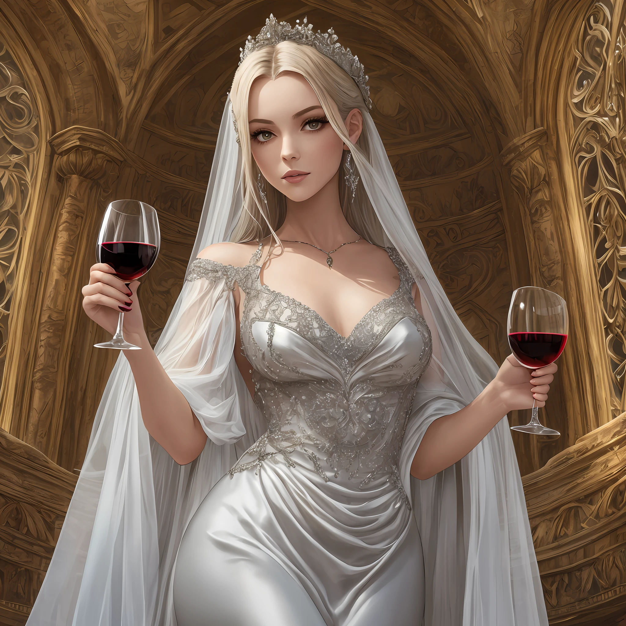 A young female vampire, beautiful, in a silver gown, holding a glass of wine in her hand. --auto --s2