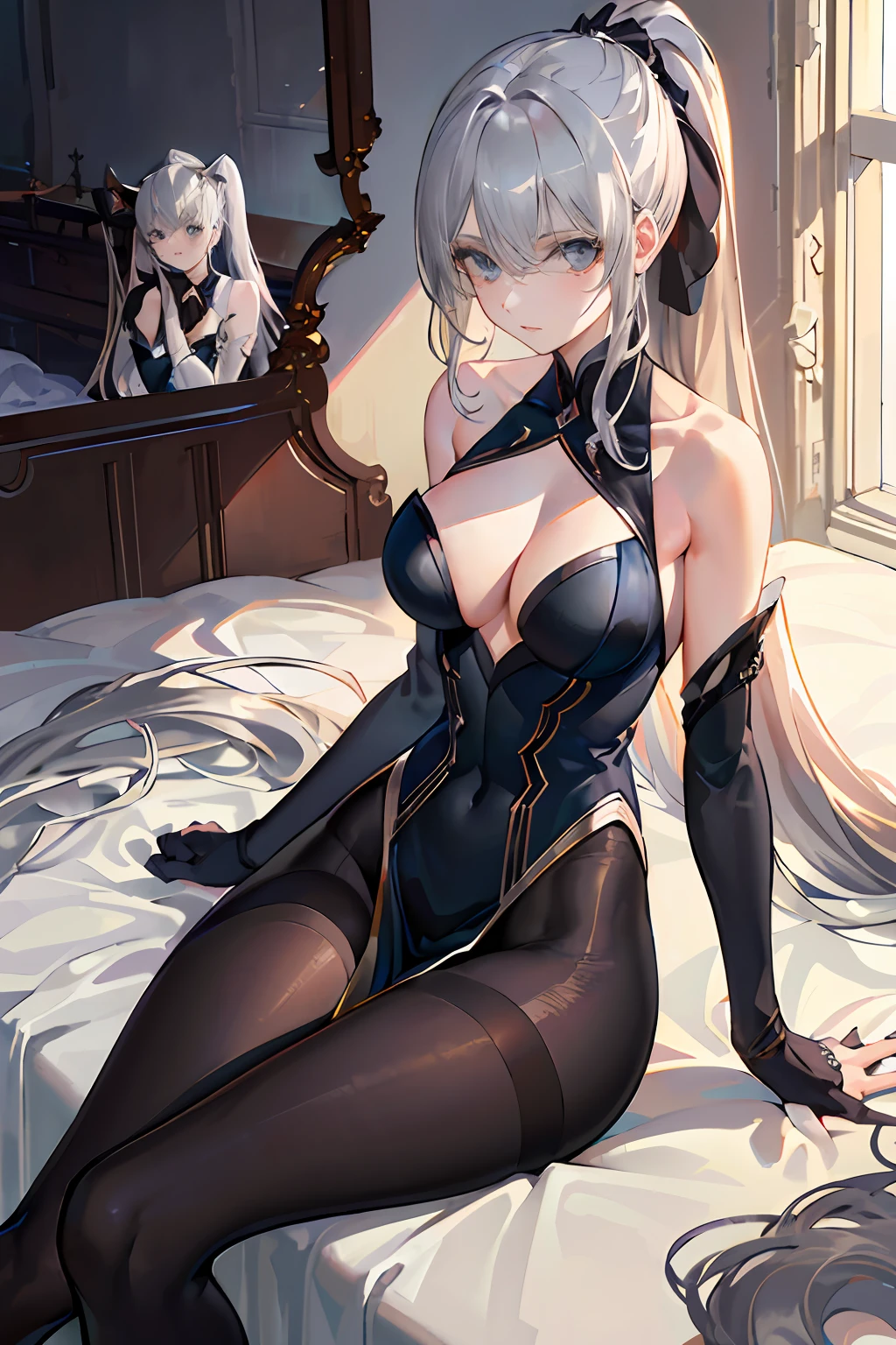 blacksilk,Beautuful Women,moderately sized breasts,Lori knelt on the bed,Eyes on love,Protruding ,cat ear