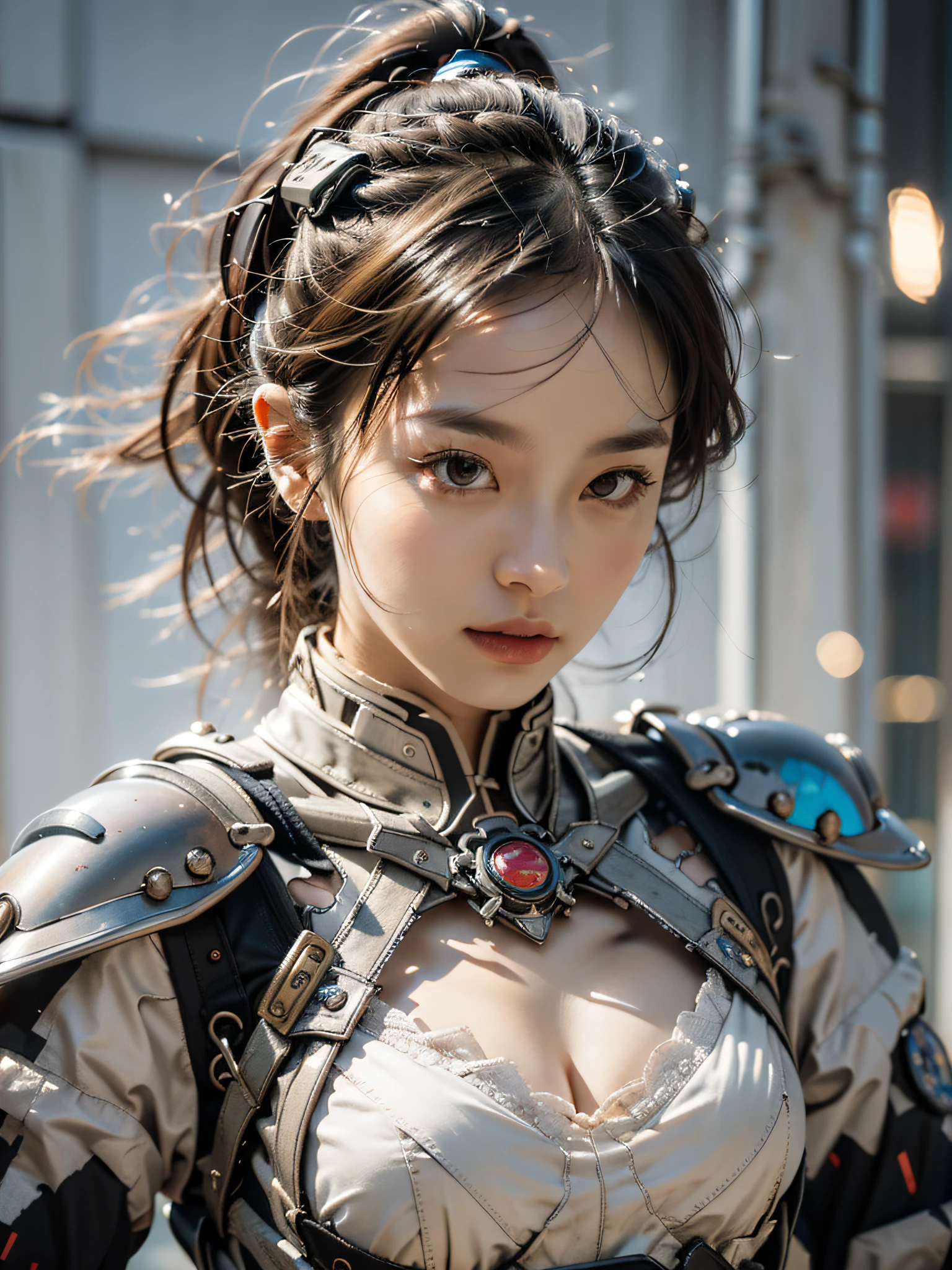 Best quality at best,tmasterpiece,超高分辨率,(真实感:1.4),The sword,Detailed details,1girll,Combat posture,cleavage,a beauty girl,Hand-held weapons,mechs,A mechanical,ellegance,Clear focus,gentlesoftlighting,vivd colour,tmasterpiece,