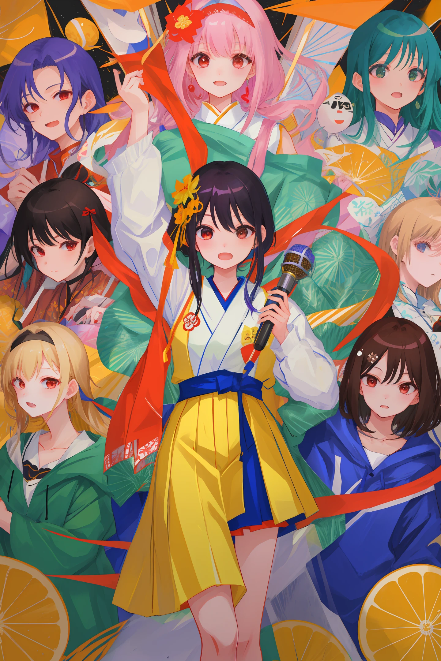 there is a woman that is holding a microphone in her hand, a picture by Yasutomo Oka, pixabay, shin hanga, kimi takemura, chiho ashima, yasumoto oka, kiyoko suzuki, yuuka kazami, aoi ogata, maya takamura, shiori teshirogi, nishihara isao