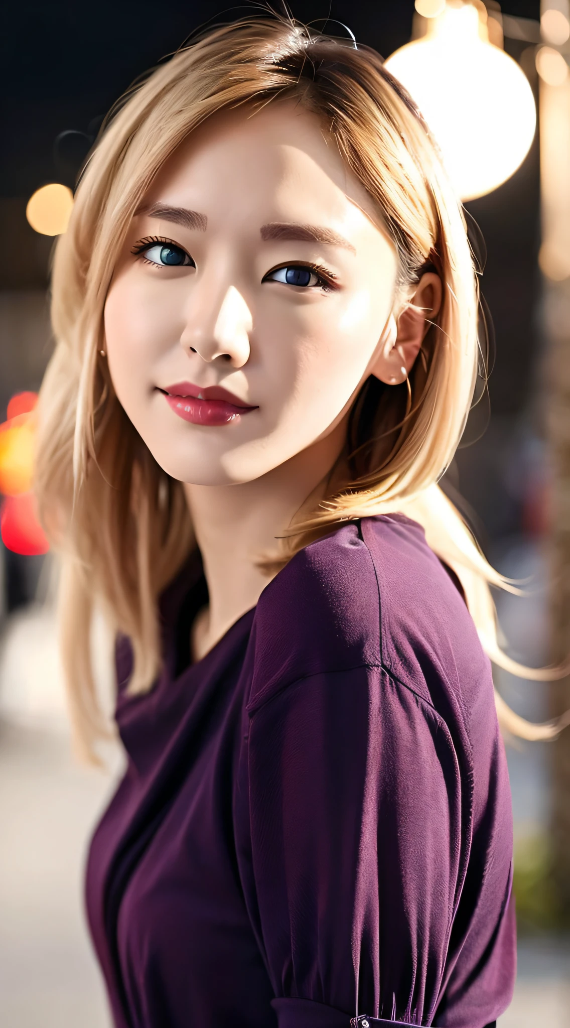 ((bionde))、((a blond))、girl with、Blue eyes、Red Lip、Colossal tits、city street at night、Bright face lighting、Bright backlight、超A high resolution、top-quality、a picture、4K、(Photorealsitic:1.2)、The bikini