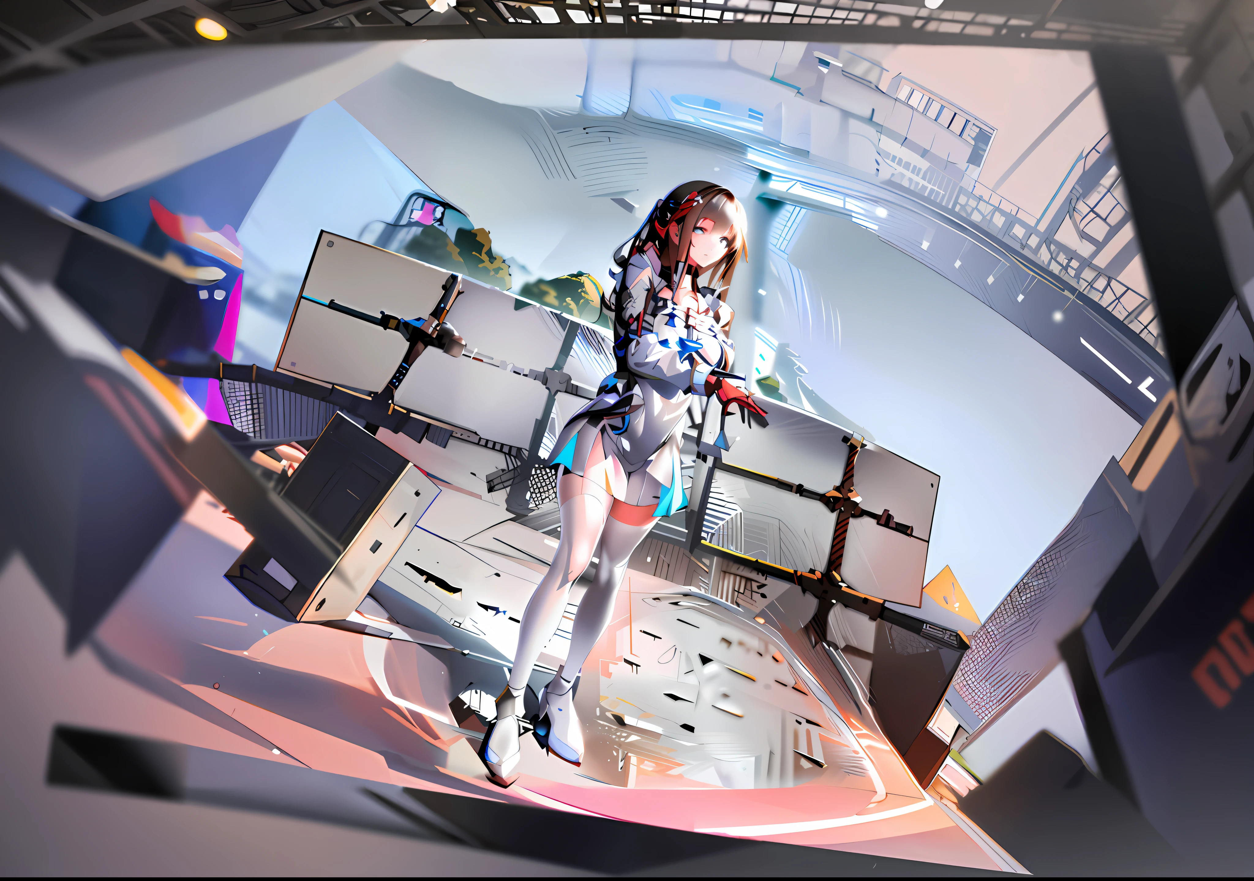 A girl in a short skirt and high heels stands in the center of the stage, Pisif 3DCG, Digital art on Pisif , [ 4 K digital art ]!!, Kushatt Krenz Key Art Women, Pisif Contest Champion, Makoto Shinkai. a digital rendering, Kantai collection style