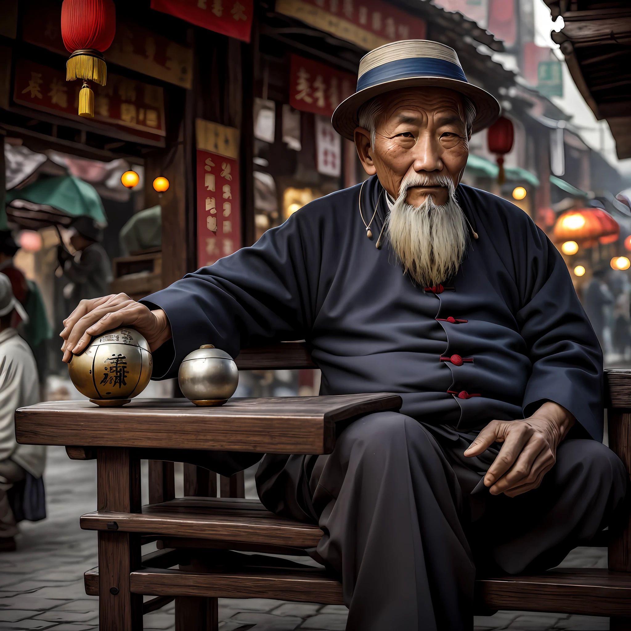 Award-winning outdoor photography,A modern Chinese old man sitting on a wooden bench,Hold a metal ball in your hand,Cold,Majesty,张艺谋 in the mood of,vague background,The environment is similar to the morning market in northern China,facial closeups --auto