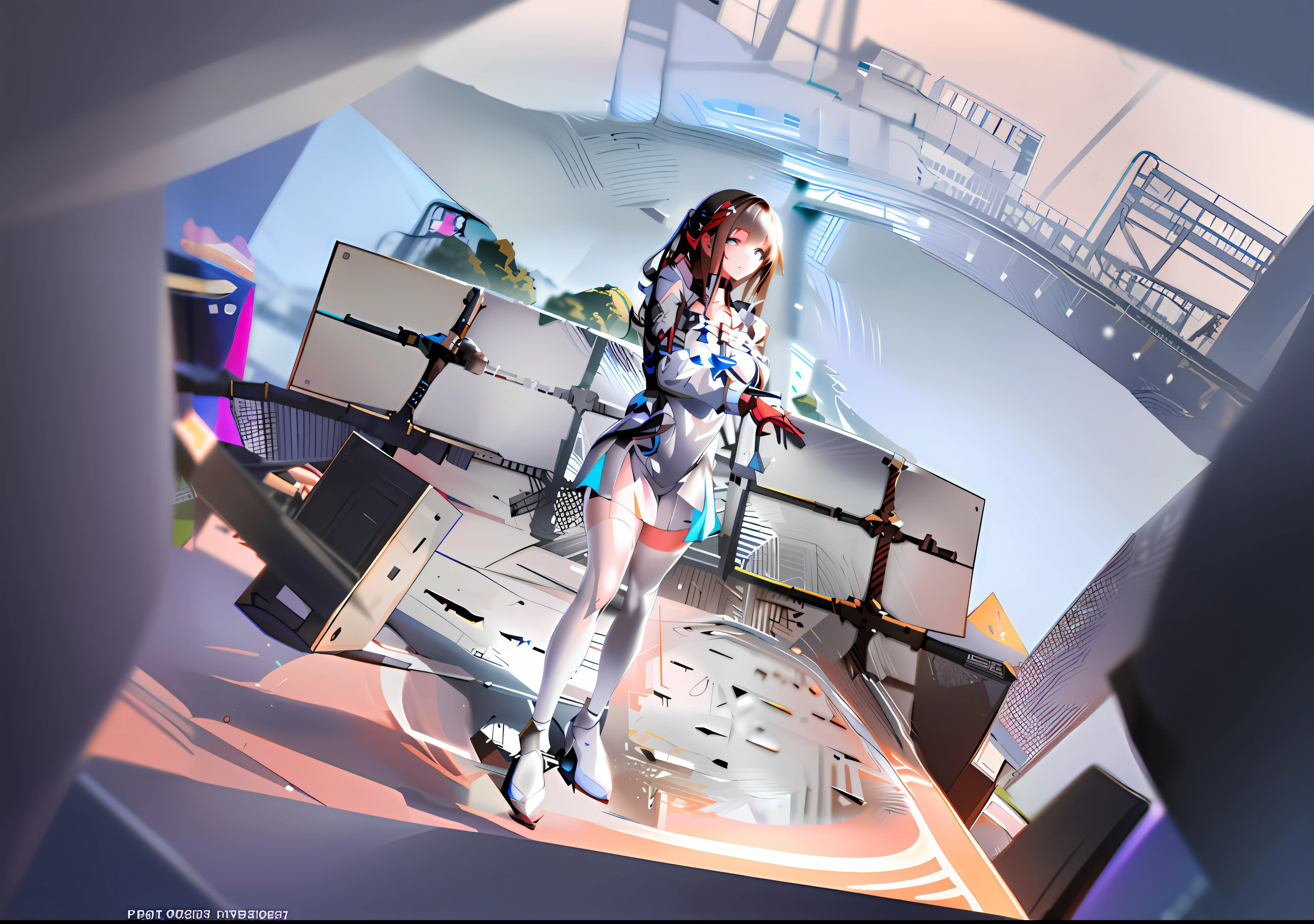 A girl in a short skirt and high heels stands in the center of the stage, Pisif 3DCG, Digital art on Pisif , [ 4 K digital art ]!!, Kushatt Krenz Key Art Women, Pisif Contest Champion, Makoto Shinkai. a digital rendering, Kantai collection style